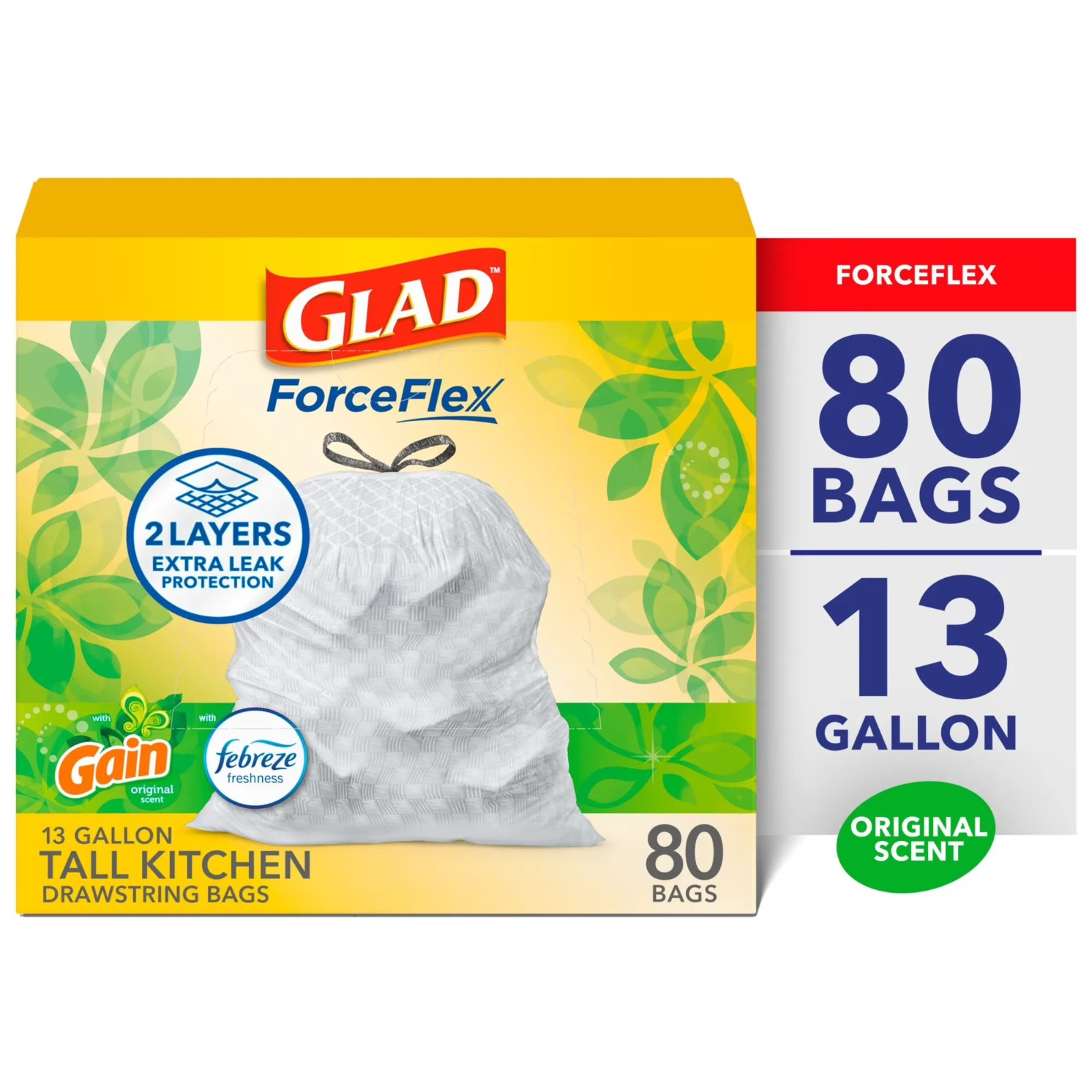 Glad ForceFlex Tall Kitchen Drawstring Trash Bags, 13 Gallon, Gain Original,80ct