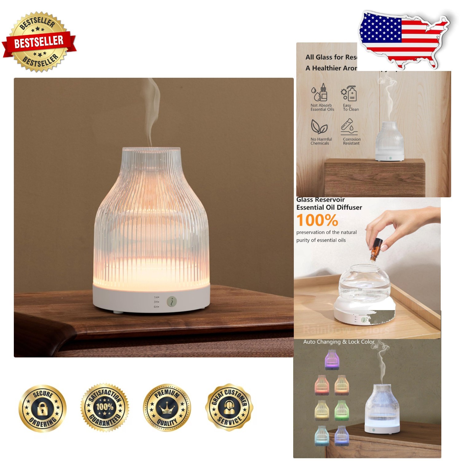 Compact Essential Oil Diffuser, 200ml Ultrasonic Mist, 7 Colors, Quiet, Auto Off