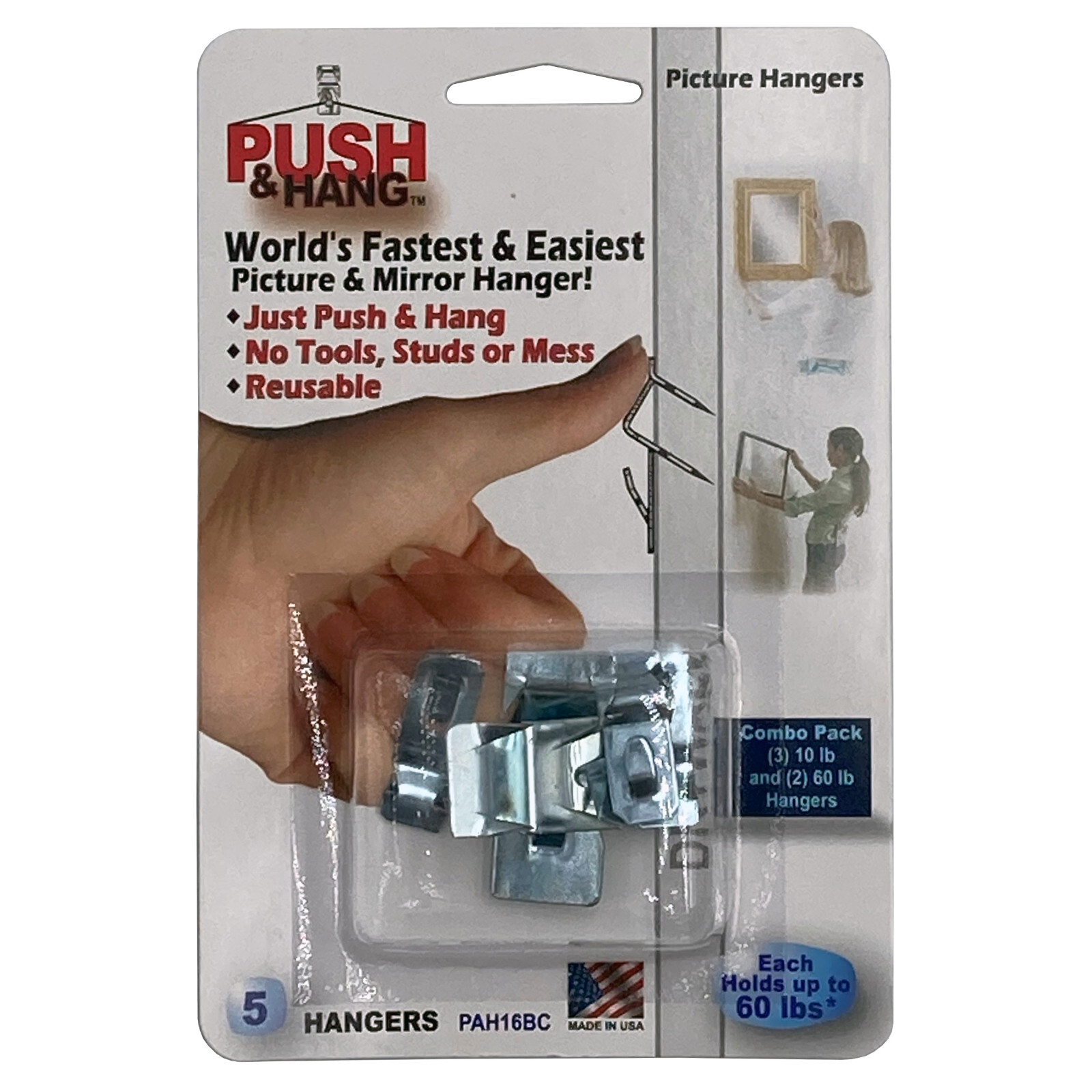 Push & Hang Drywall Picture & Mirror Hangers | 10lbs & 60lbs Weight Capacity