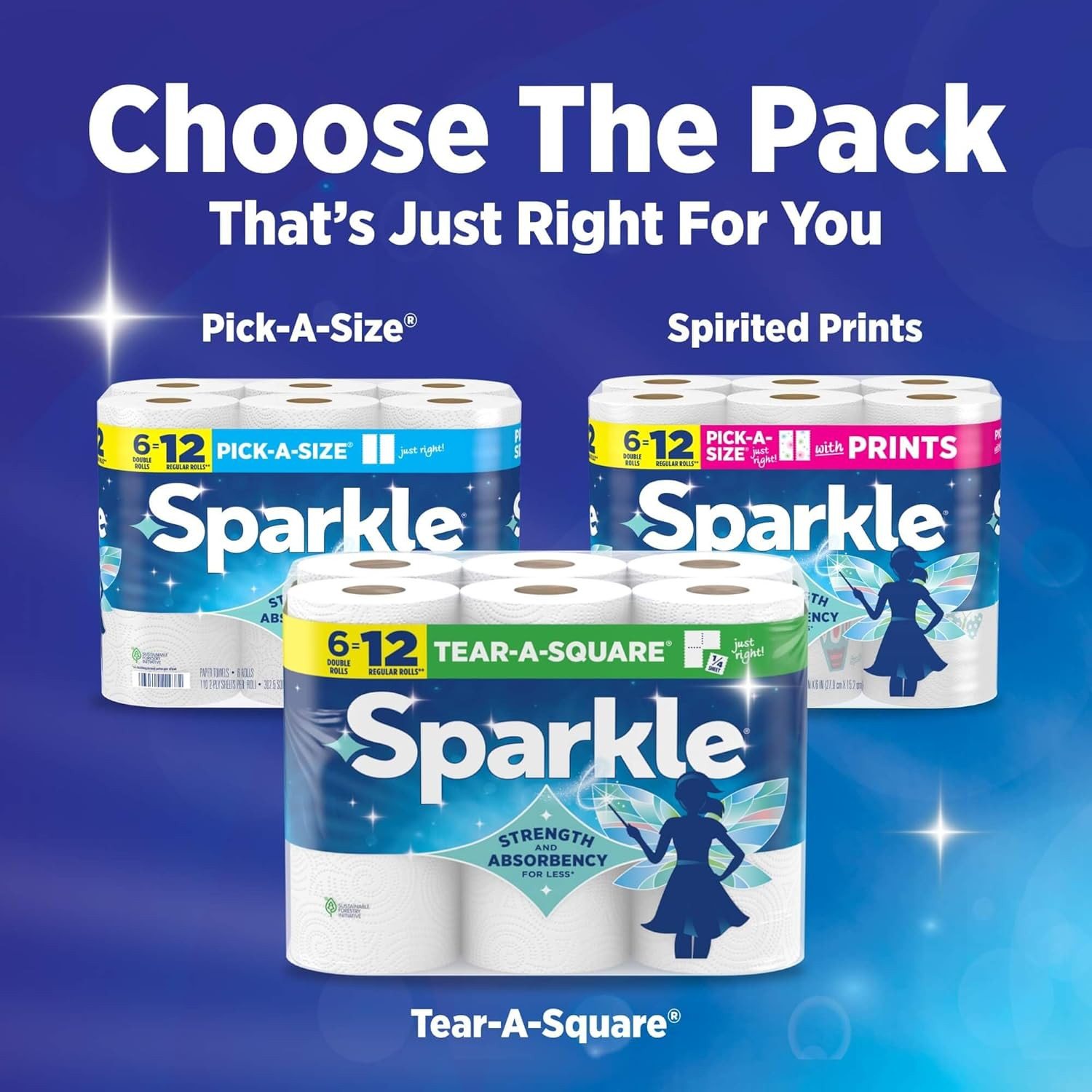 Sparkle Pick-A-Size Paper Towels Spirited Prints 6 Double Rolls = 12 Regular