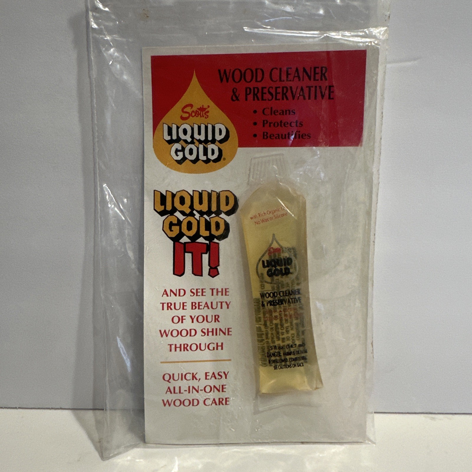 Vintage Scott’s Liquid Gold Salesman Sample 0.5 Oz Cardback New Unused Wood