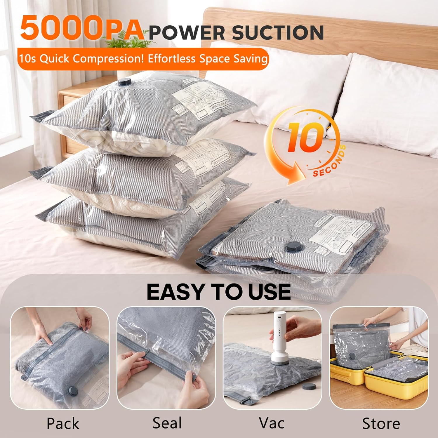 15 Pack Vacuum Storage Bags for Travel with Rechargeable Cordless Pump, Space Sa