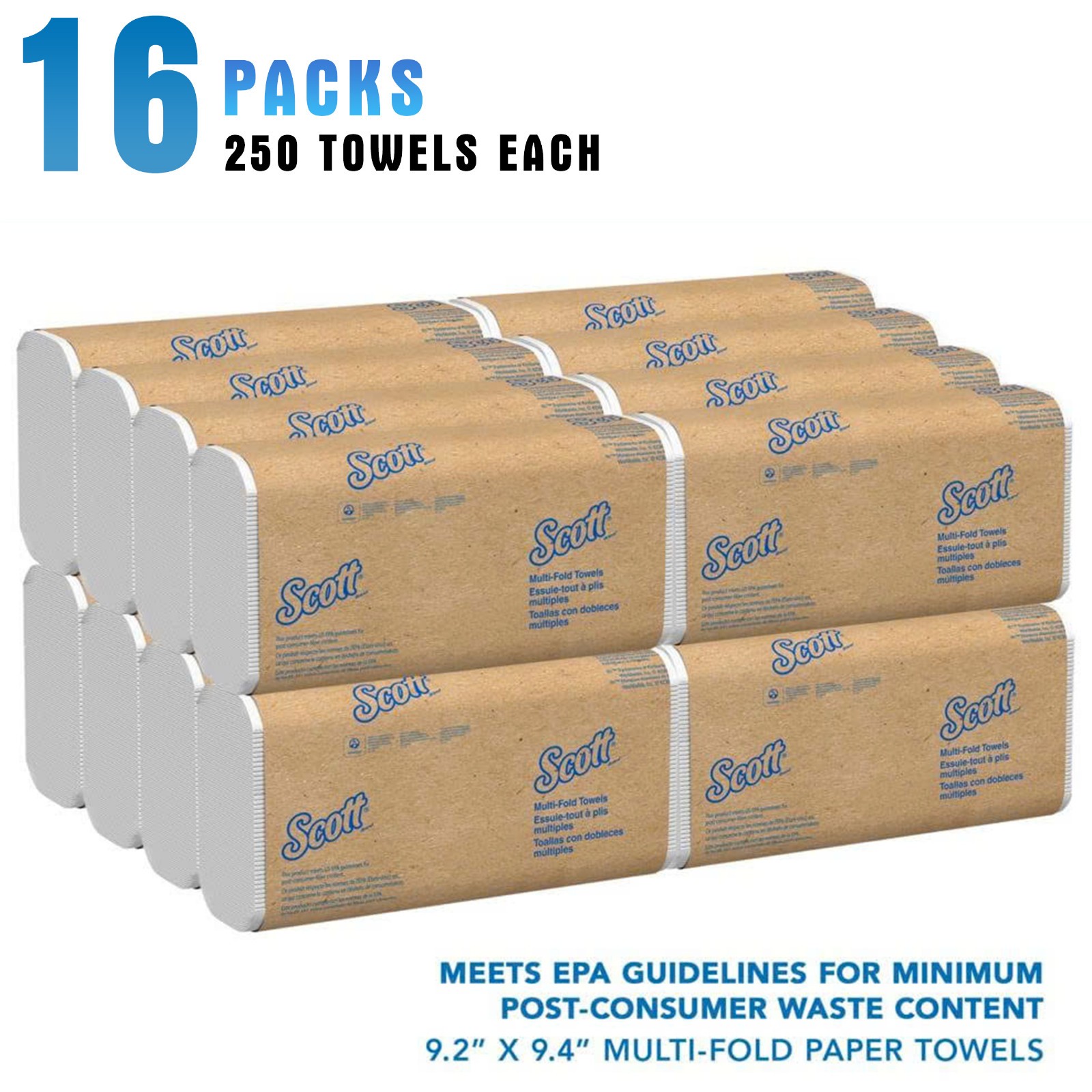 Scott Essential Recycled Multifold Paper Towels, 1-ply, 250 SheetsPack, 16 Packs