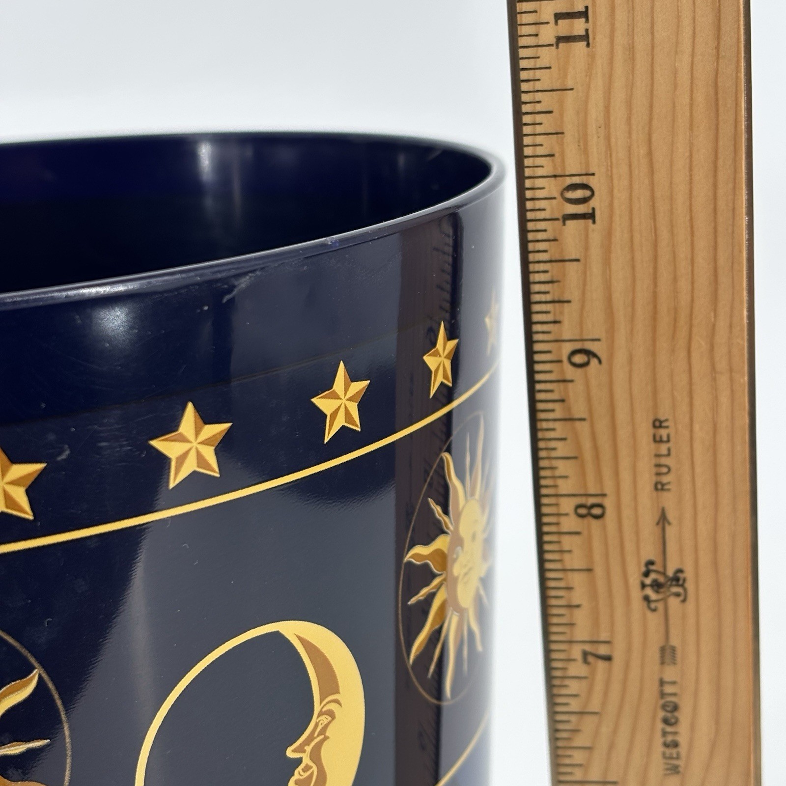 Celestial Night Sky Waste Basket Trash-Can Moon Star Sun Navy Blue VTG
