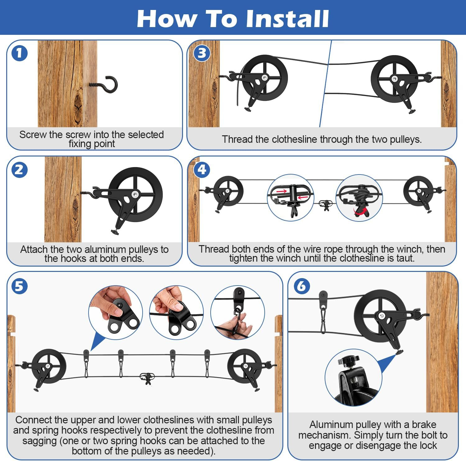 150ft Black Clothesline Pulley Kit with Aluminum Brake Pulleys | 3/16″ Black Coa