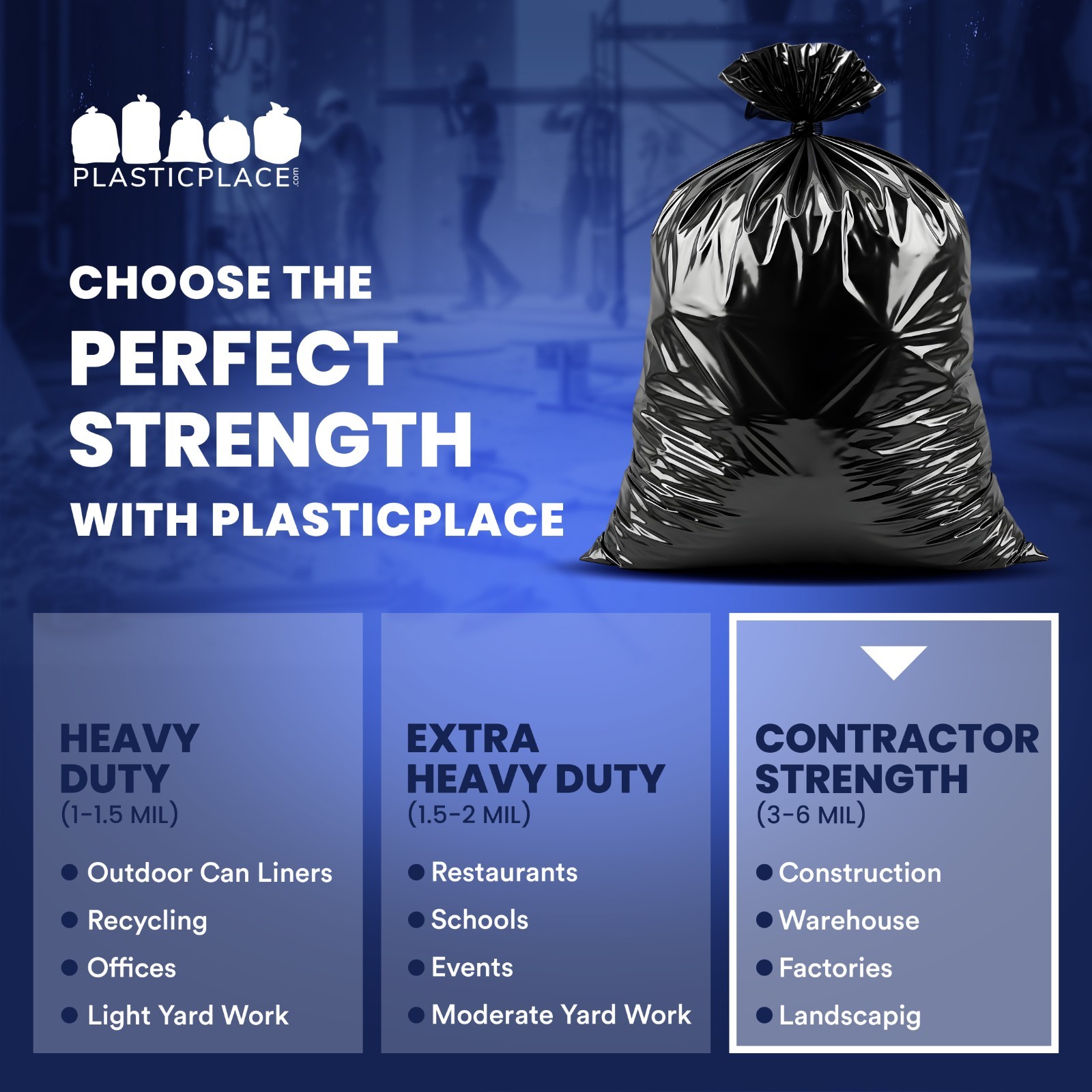 Plasticplace 42 Gallon Contractor Bags – Black, case of 50 bags