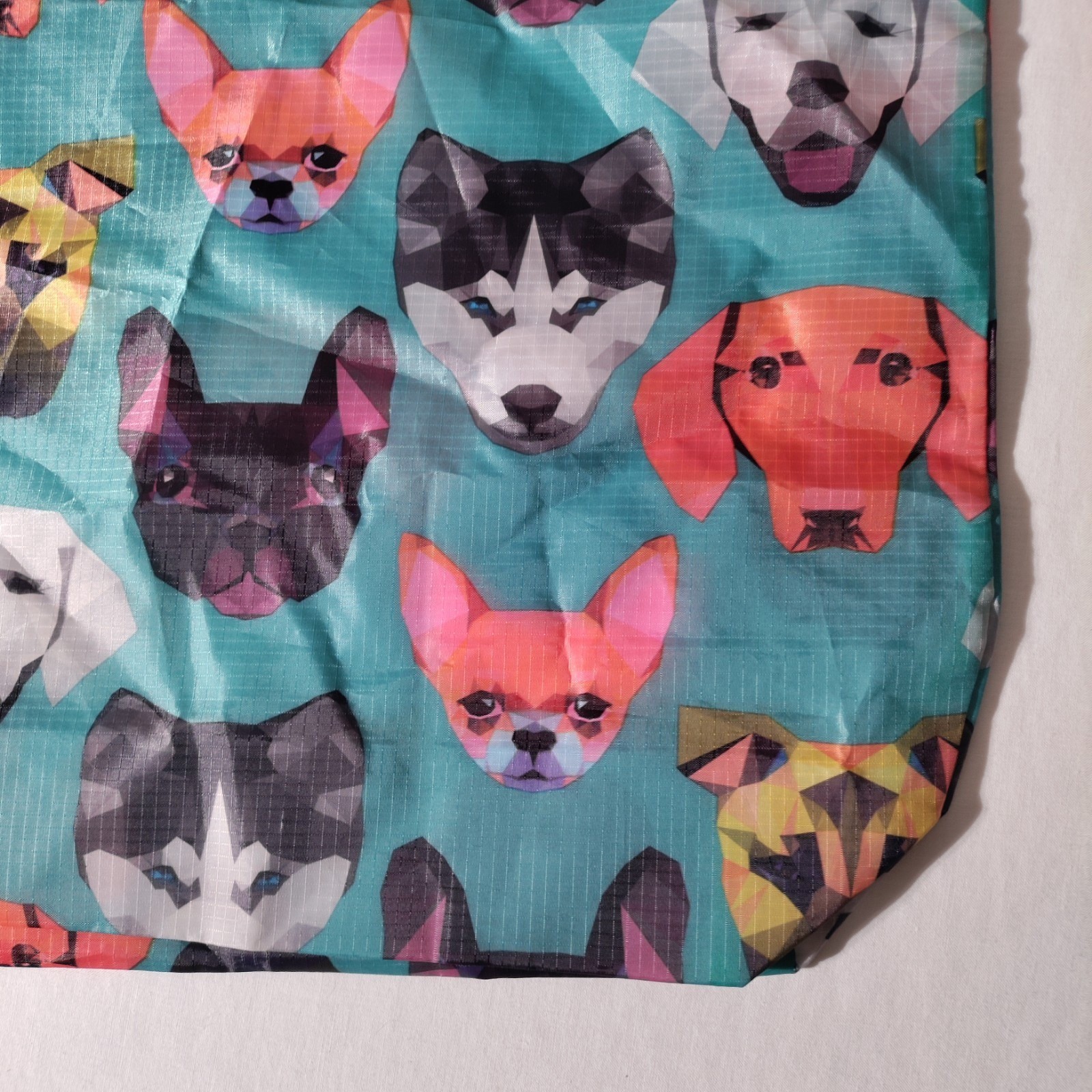 BeeGreen Reusable Nylon Shopping Teal/ Blue Tote Bag with Dog Faces All Over