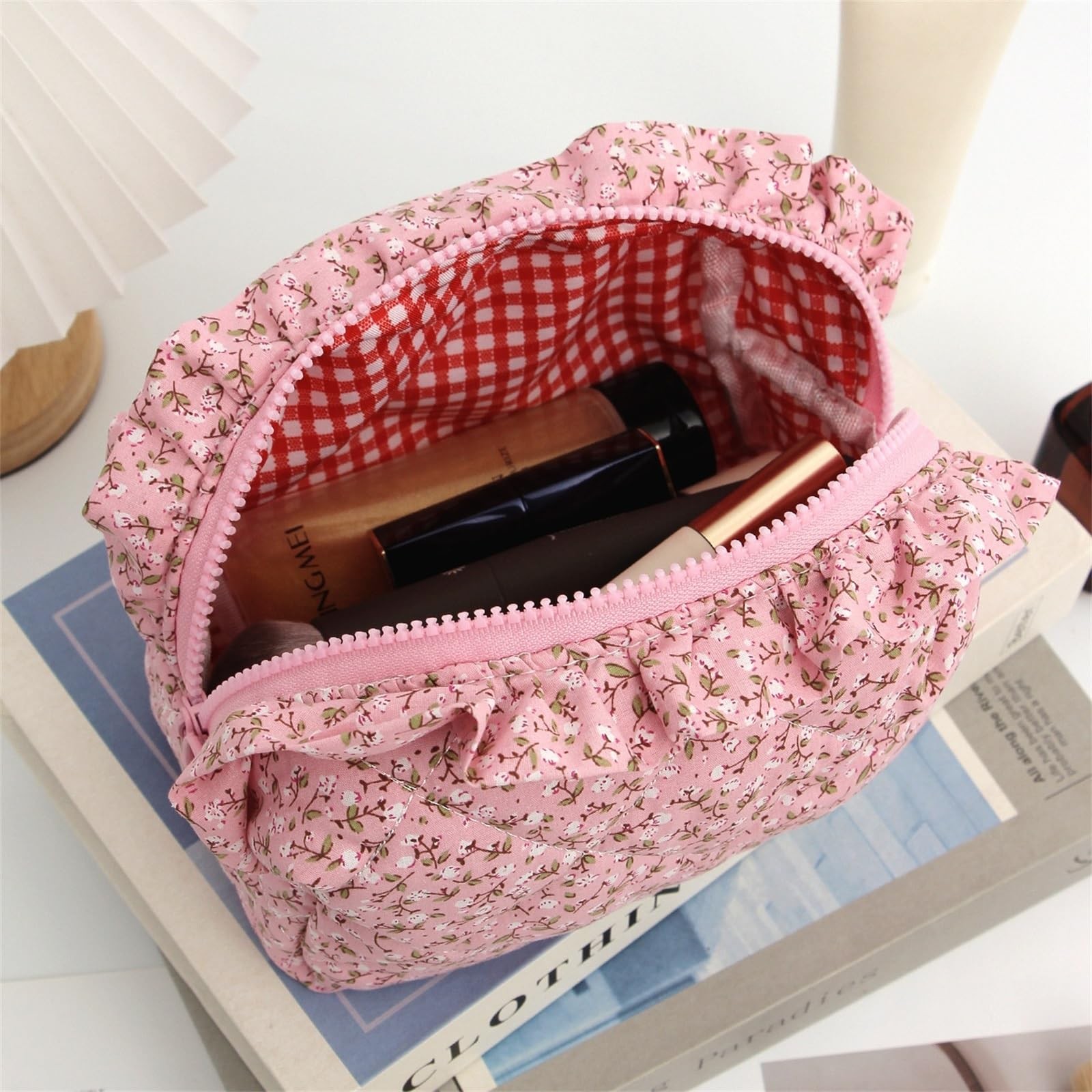 Xhuilong Cotton Quilted Makeup Bag, 18x10x10cm/7x4x4In, A – Pink – Flower