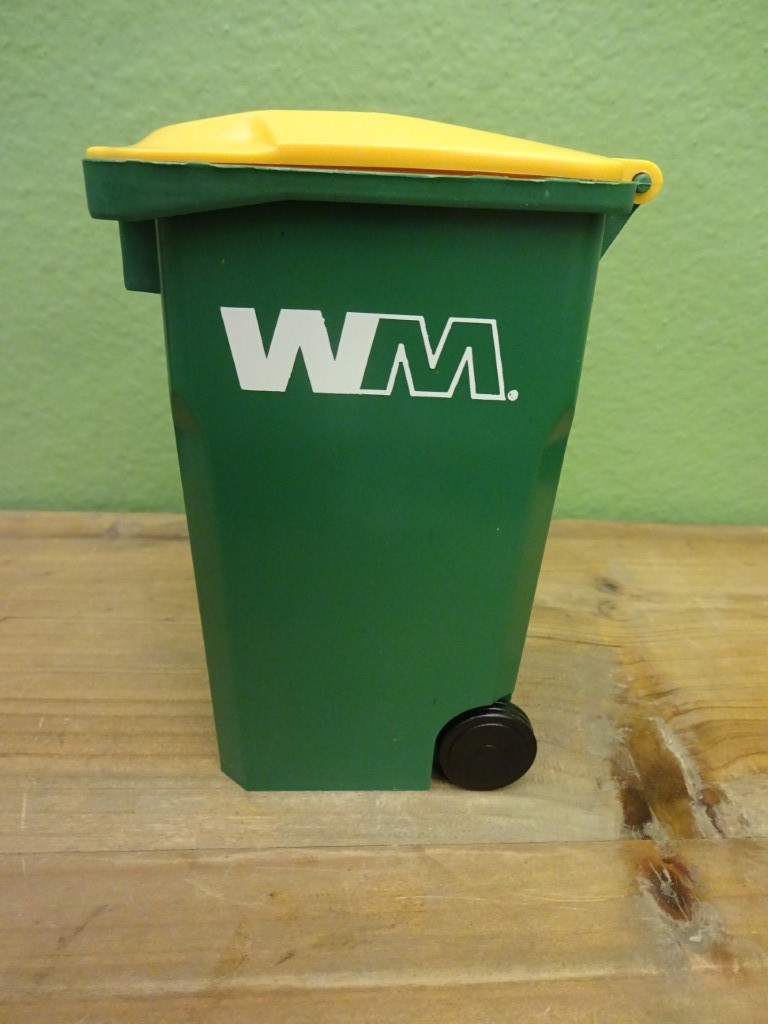 WASTE MANAGEMENT GARBAGE TRUCK MINI REPLICA TRASH BIN GREEN WITH YELLOW LID
