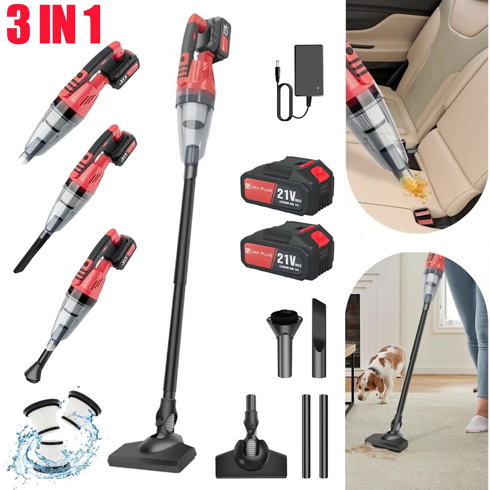 Cordless Vacuum Cleaner 3 in 1 Rechargeable Lightweight Stick Vacuum Cleaner LED