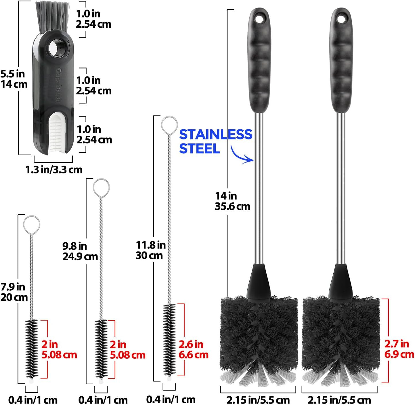 6 Pack Bottle Brush Set, 14″ Long Handle Stainless Steel Bottle Cleaner Brush, 3