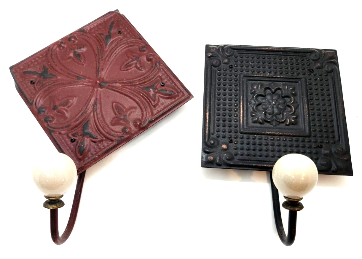 Embossed Metal Tile Hooks Decorative Set of 2 Black and Red