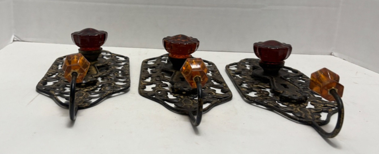 1,2 or 3 Vtg Style WALL HOOK(s) Amber Glass Door Knob Keyhole Scroll Back Hanger