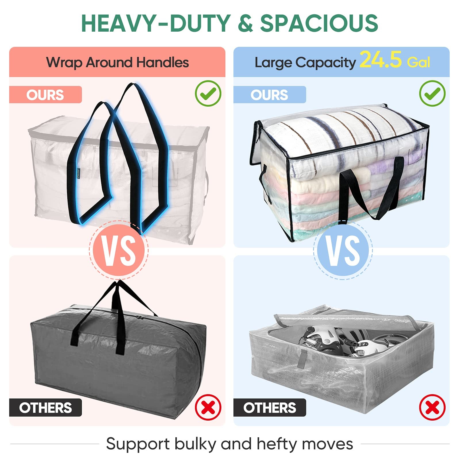 BALEINE 6-Pack Oversized Moving Bags with Reinforced Handles, 6-Pack, Clear