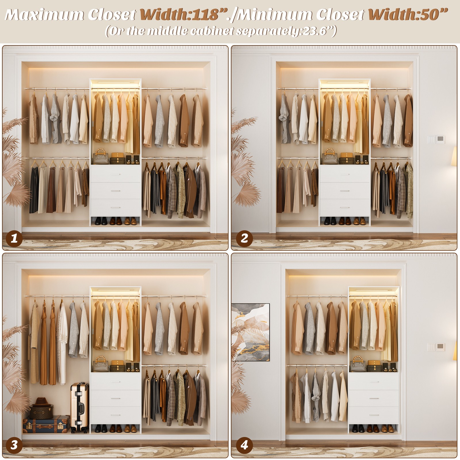 Heavy Duty Closet Organizer System with Motion Activated LED Lights and 3 Drawer