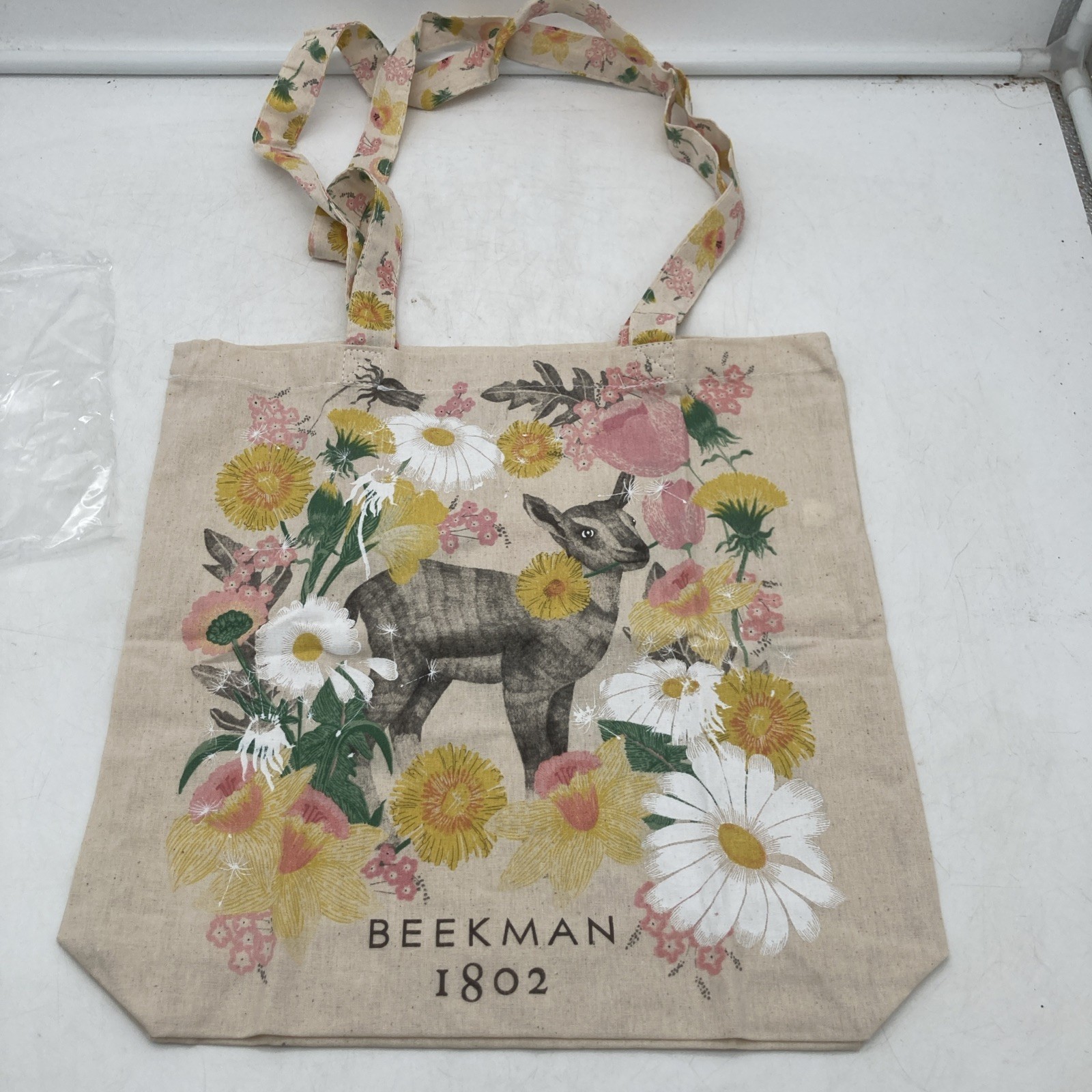 NEW Beekman 1802 Lightweight Canvas Beige Goat Flowers Tote Book Bag 100% Cotton
