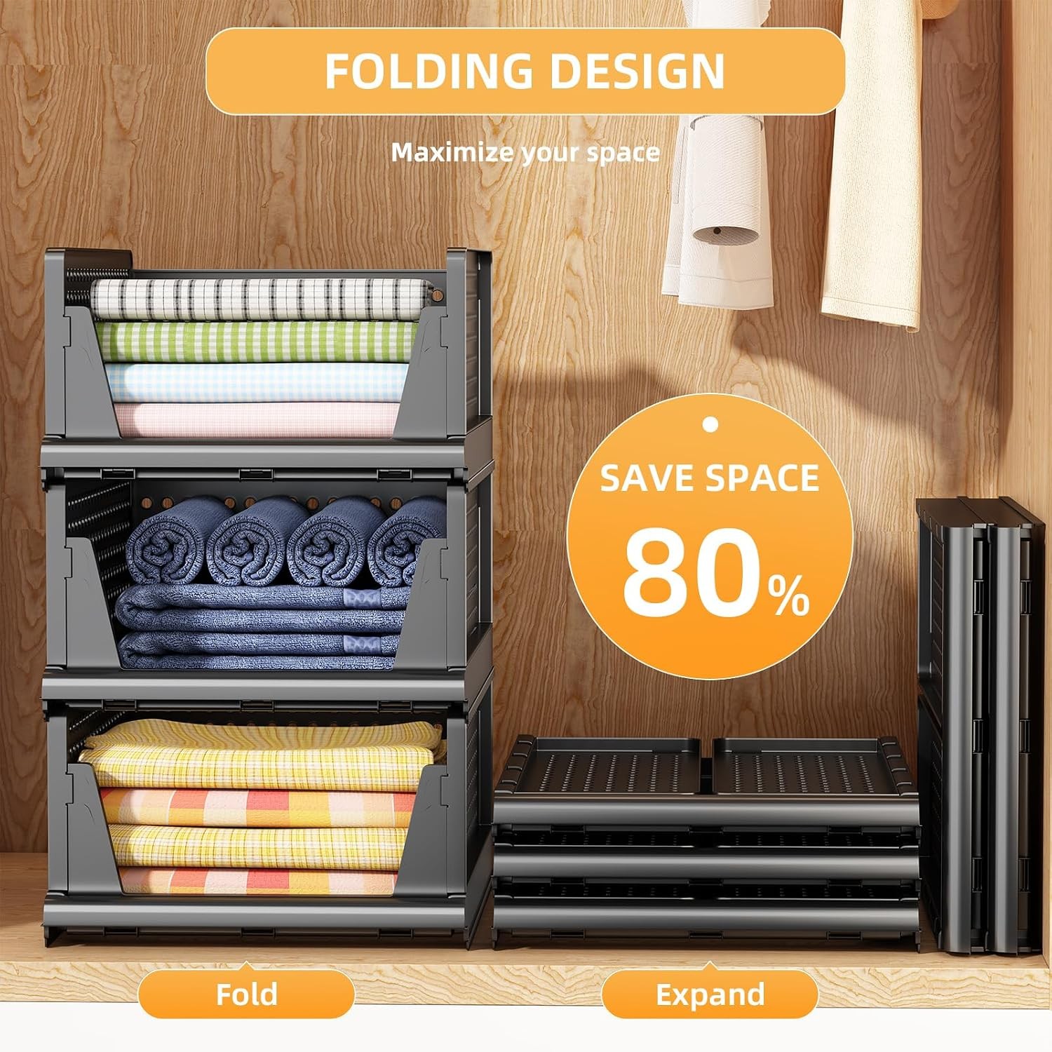 Folding Closet Organizer and Storage for Shelves, 5 Pack Stackable Plastic