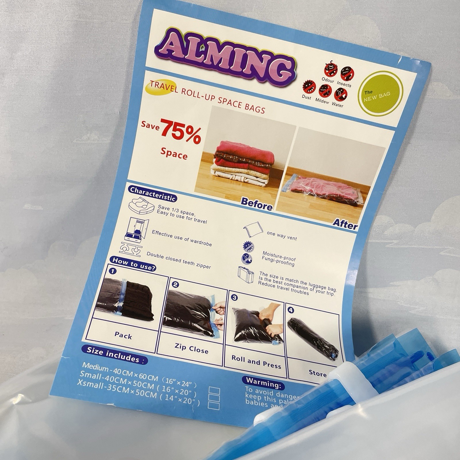 Travel Roll-Up Space Saver Bags Storage Travel Zip Close 3 Sizes See Details
