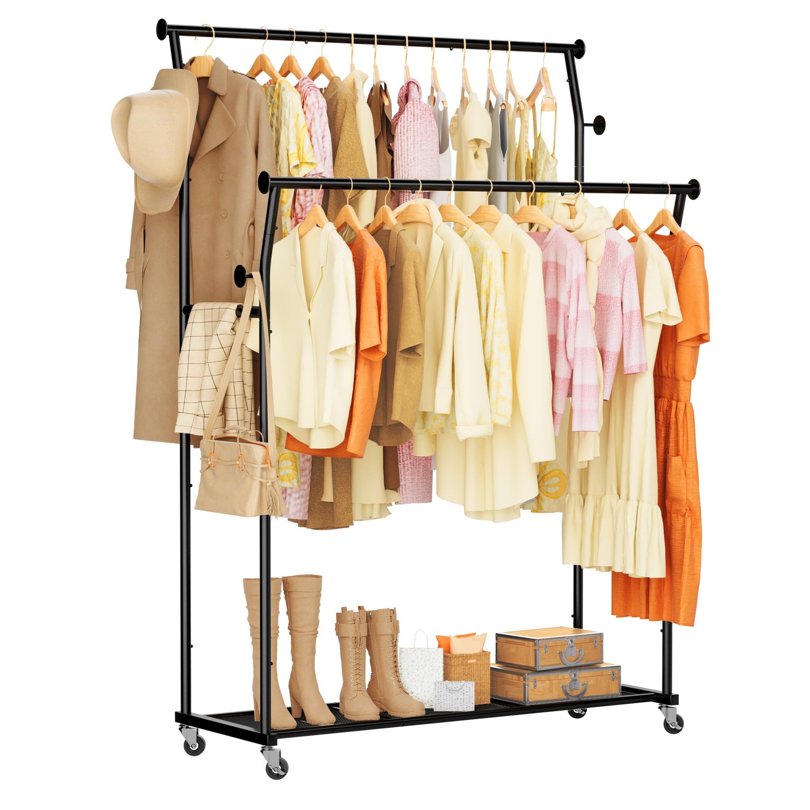 Double Rods Clothes Rack, Rolling Clothing Rack for Hanging Clothes with Hook…