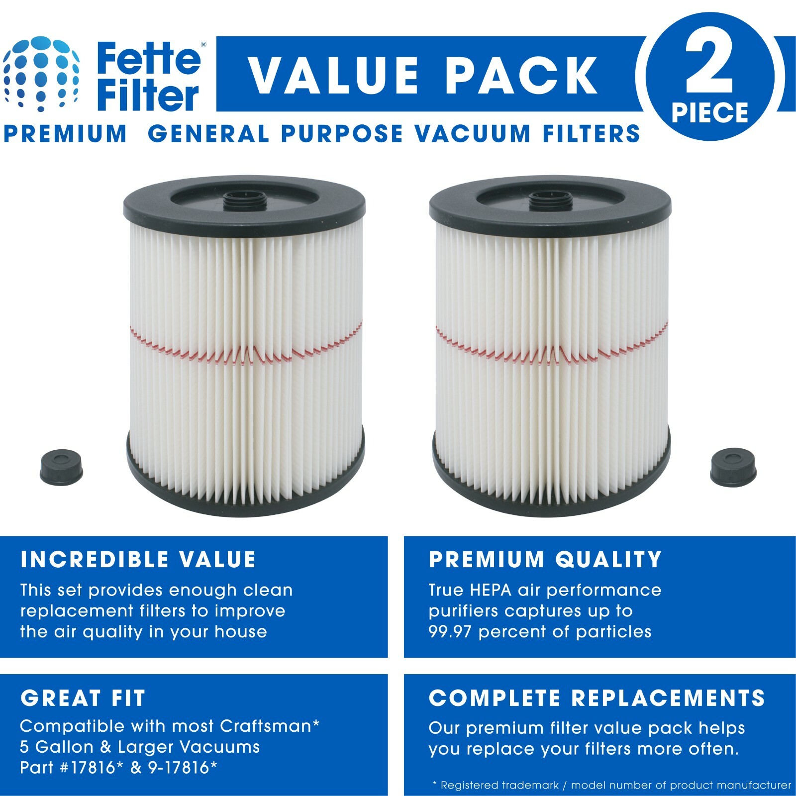 2 General Purpose Cartridge Filters Compatible with Craftsman Red Stripe Vacuums