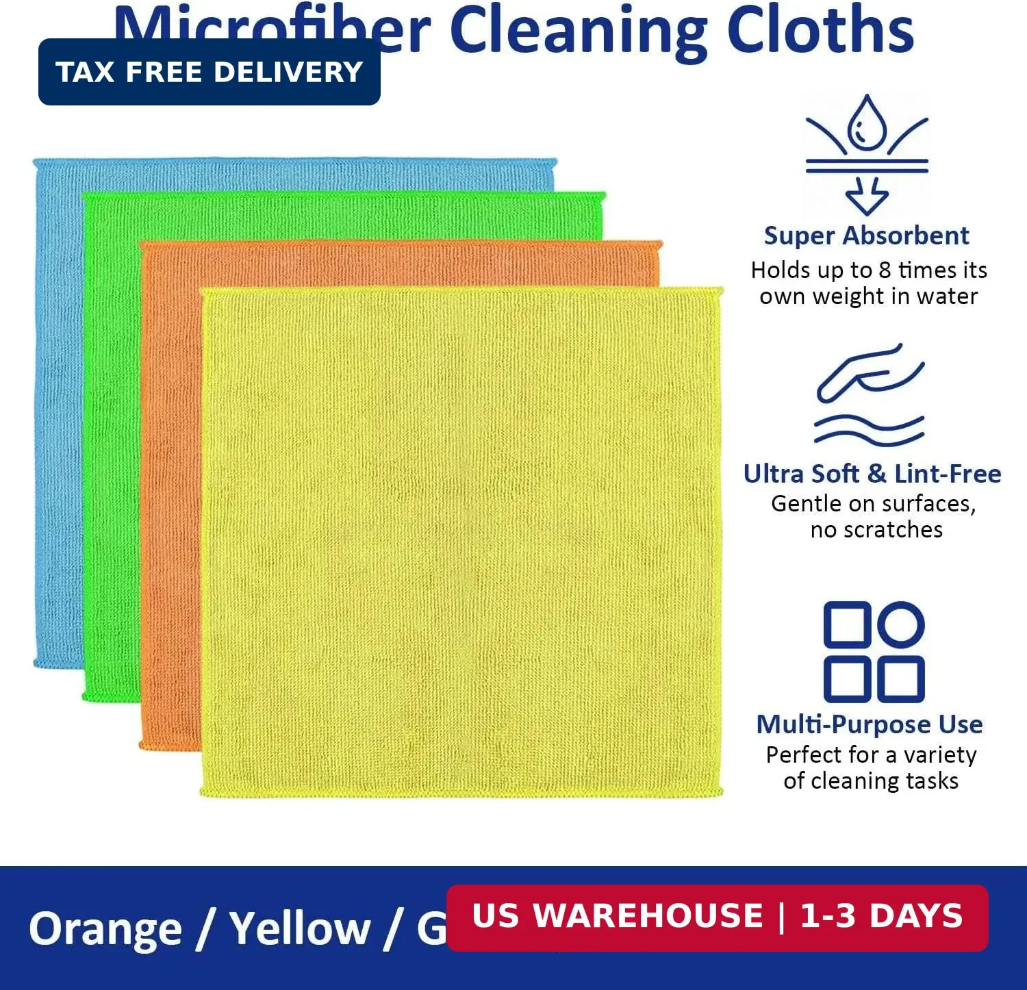 Microfiber Cleaning Cloths (12-Pack), 14″ x 14″, Ultra Absorbent, Lint-Free, Str