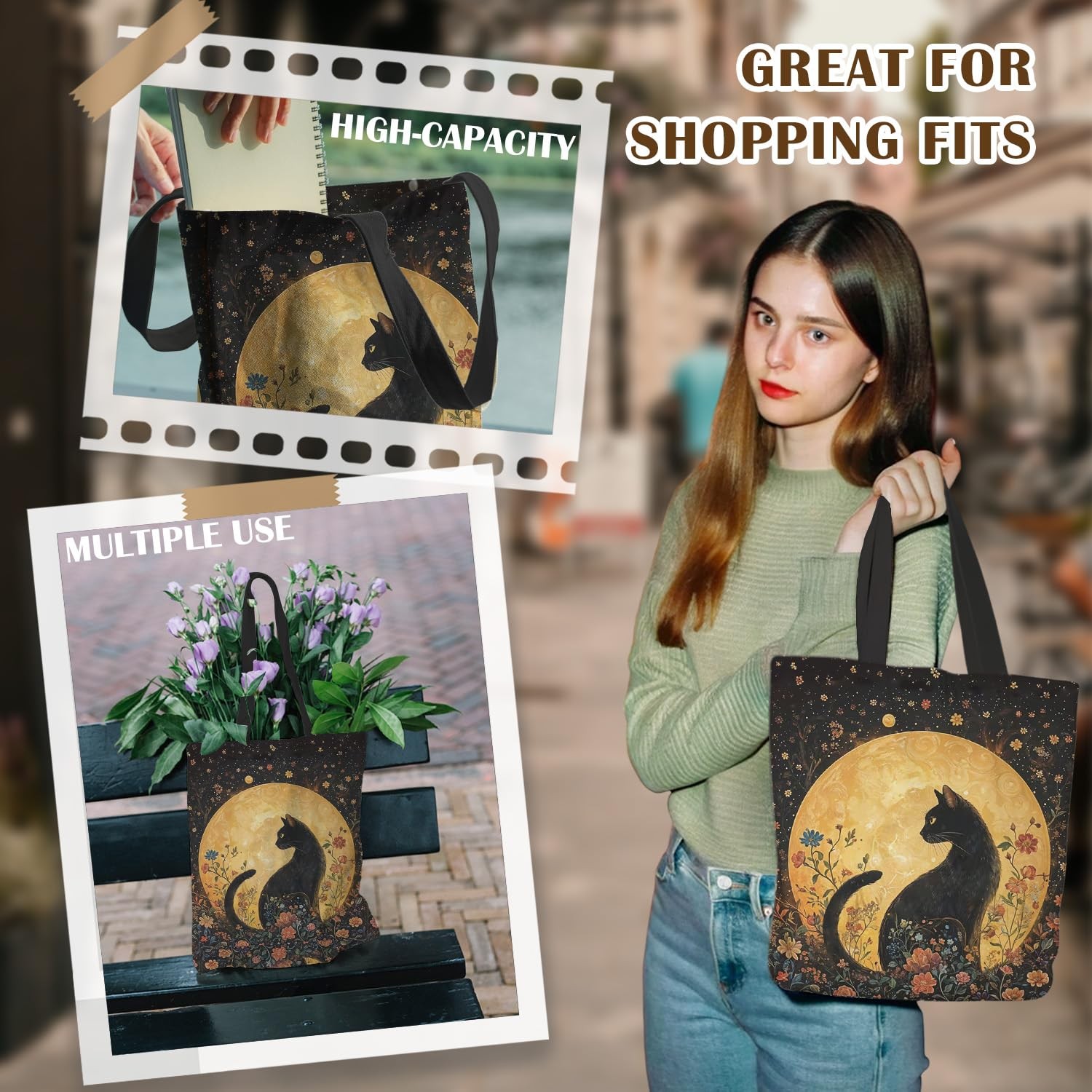 Celestial Witchy Black Cat Tote Bag for , Art Nouveau Floral Moon Cat Canvas …