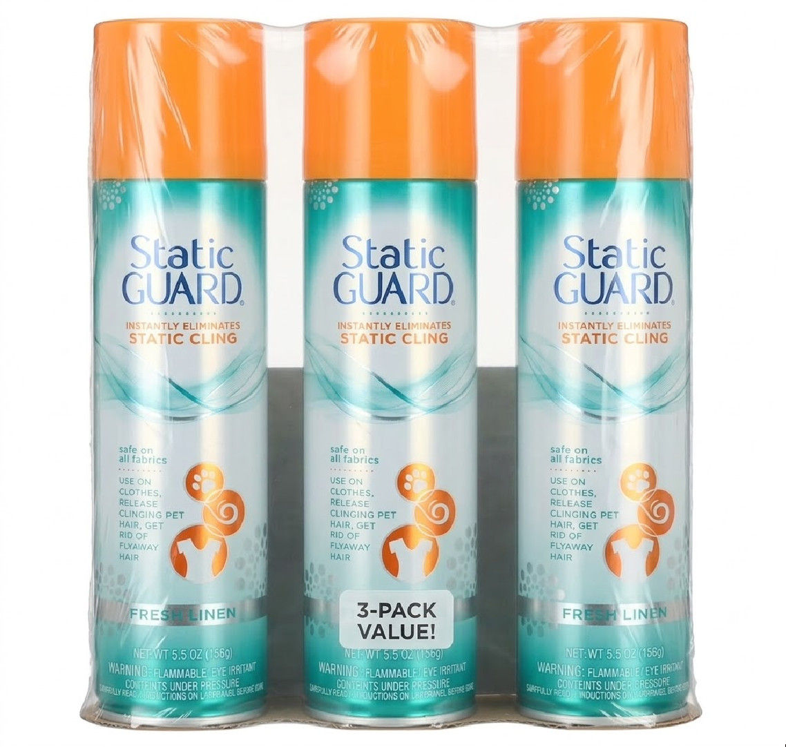 (3 pack) Static Guard Anti-Static Spray, Fresh Linen Scent, 5.5 oz Spray Cans
