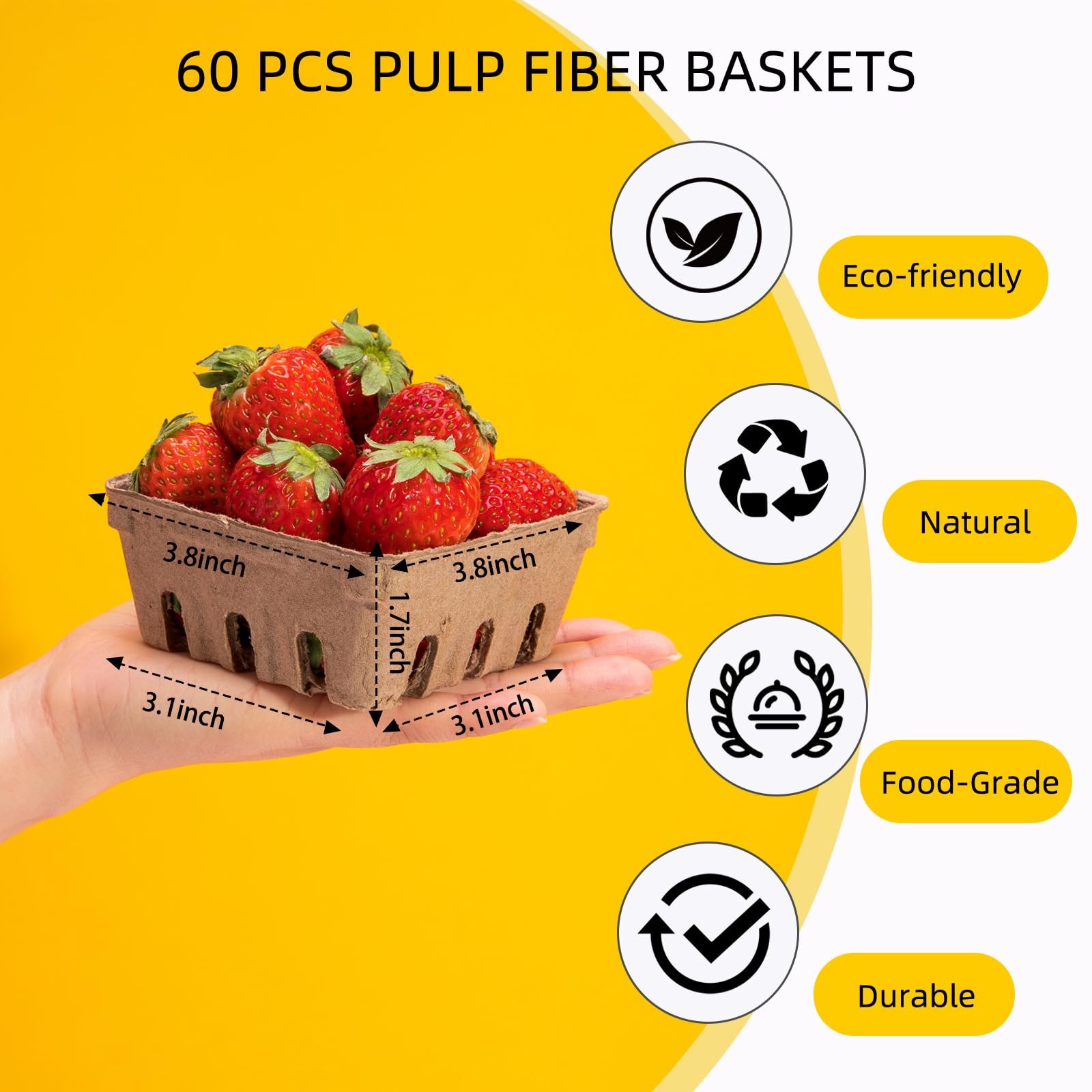 PARBEE 60 Pack Pulp Fiber Berry Basket, 1/2 Pint Vented Containers for brown