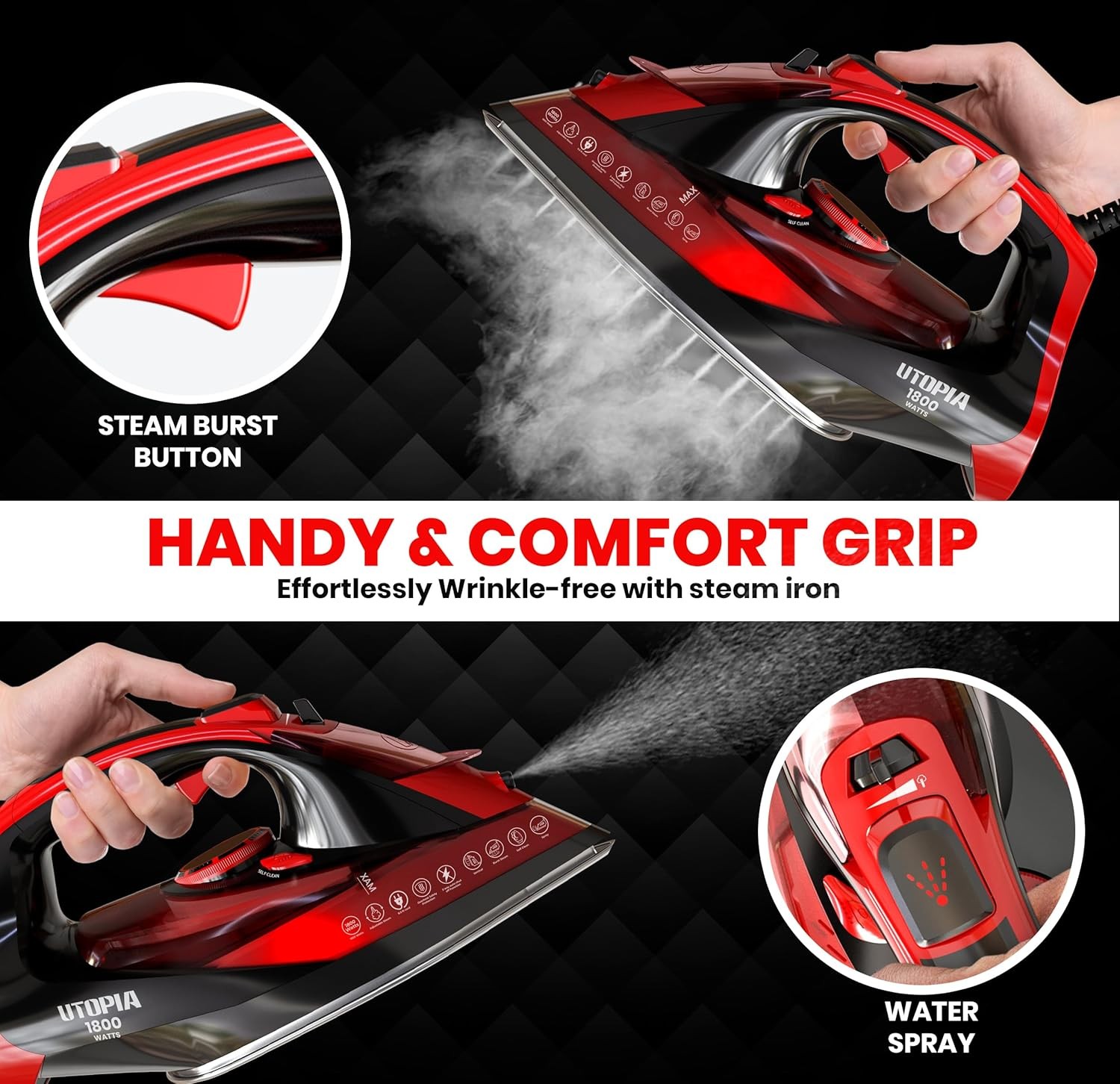 Utopia Home Iron for Clothes 1800W Adjustable Steam Self Clean Black Red