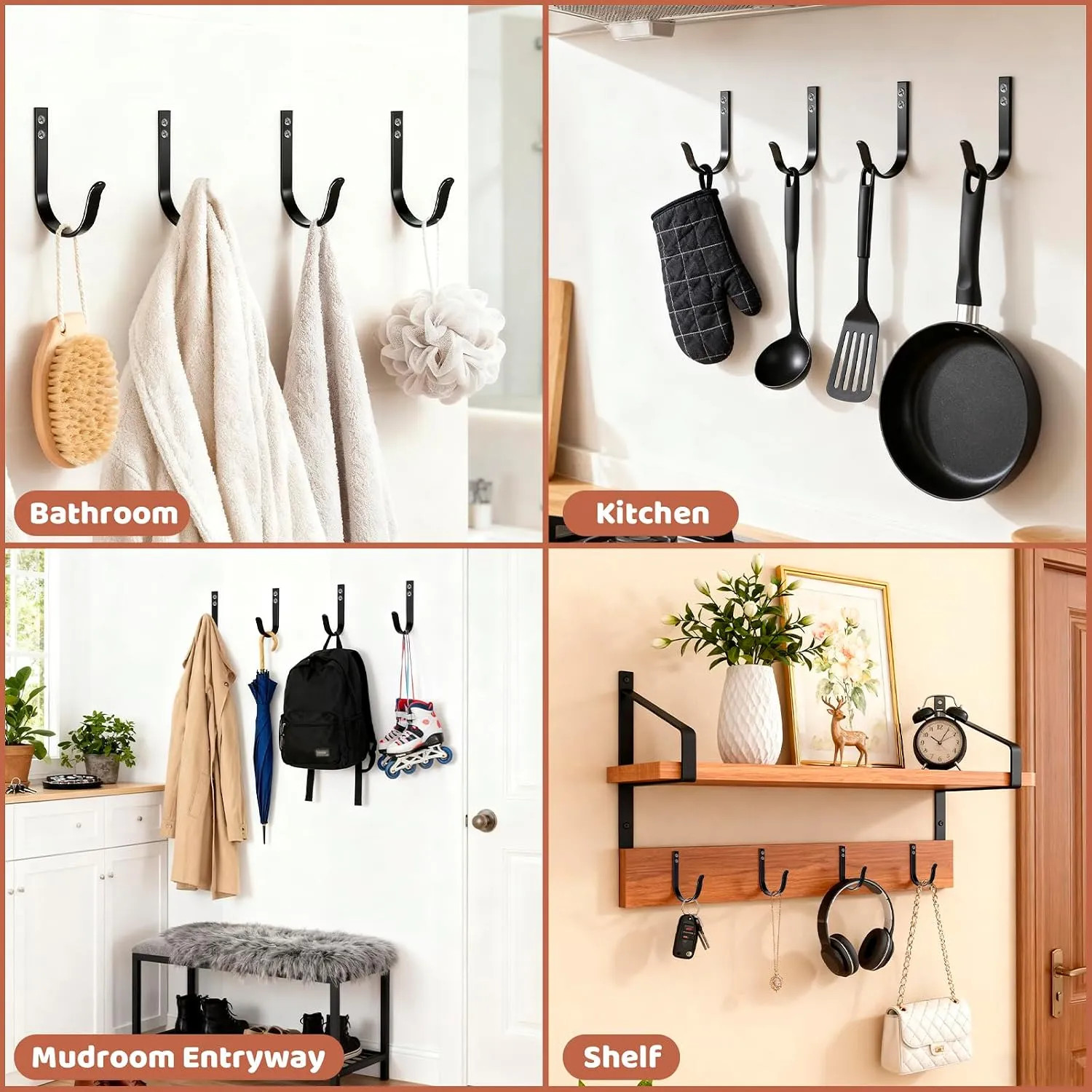 4 Pcs Heavy Duty Metal Wall Hooks 22LB Black Large Coat Hooks for Bathrooms Door