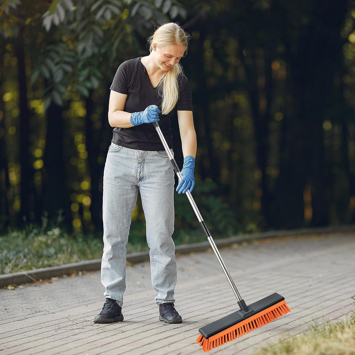 18″ Push Broom Outdoor with Rubber Squeegee,Heavy Duty Broom Brush with Handle,S