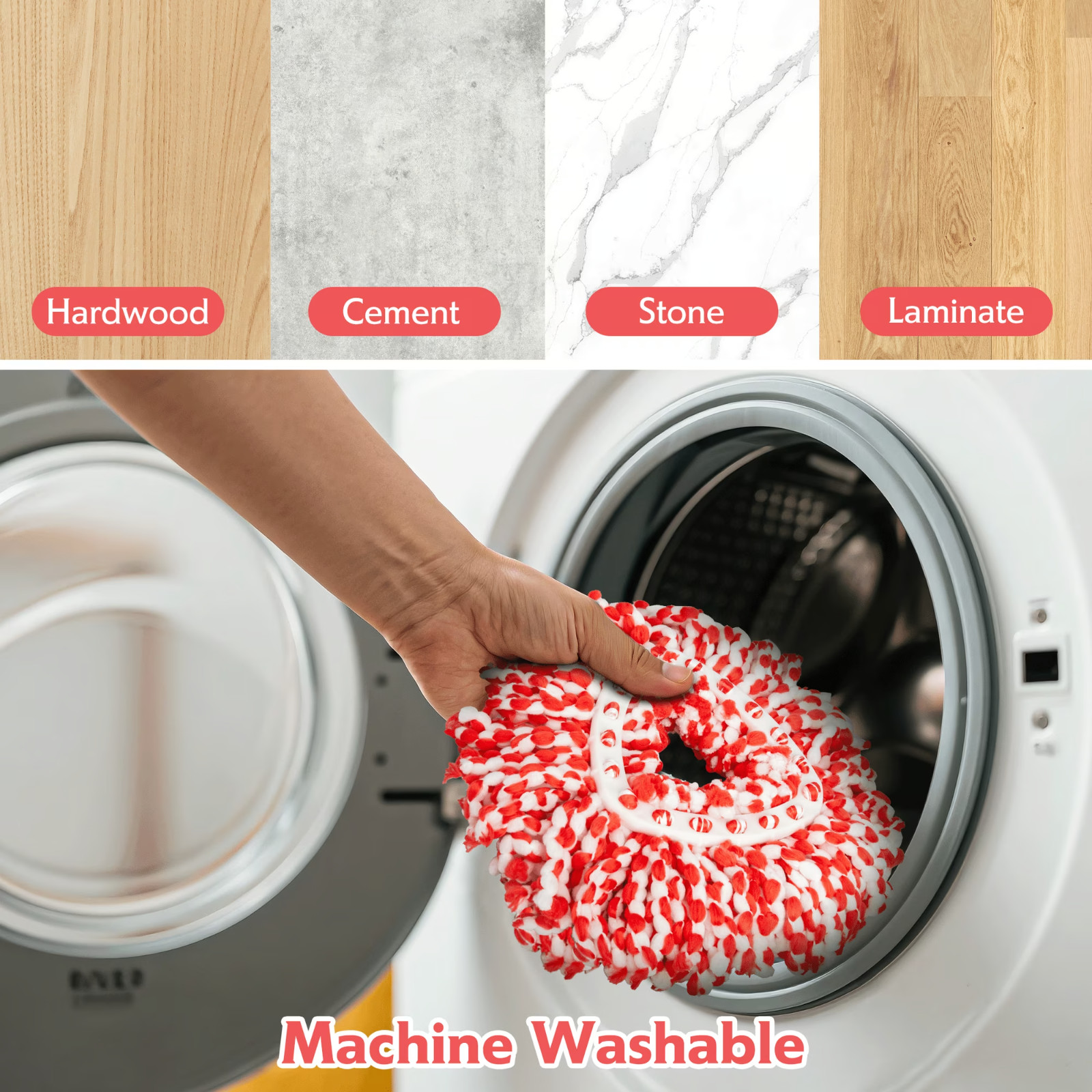 Rotating microfiber mop and bucket with foot-operated wringer.