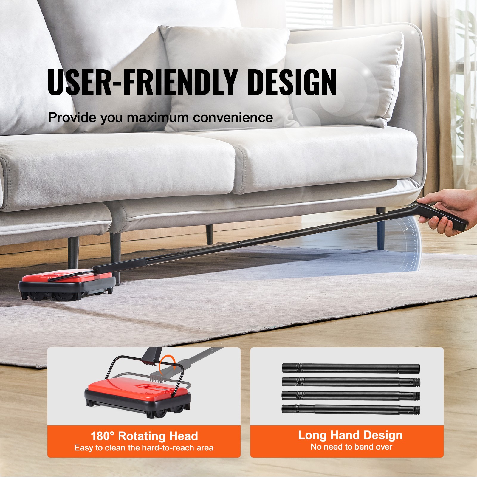 VEVOR Carpet Floor Sweeper Manual 6.7 inch Width Sweeping Paths Non Electric Red
