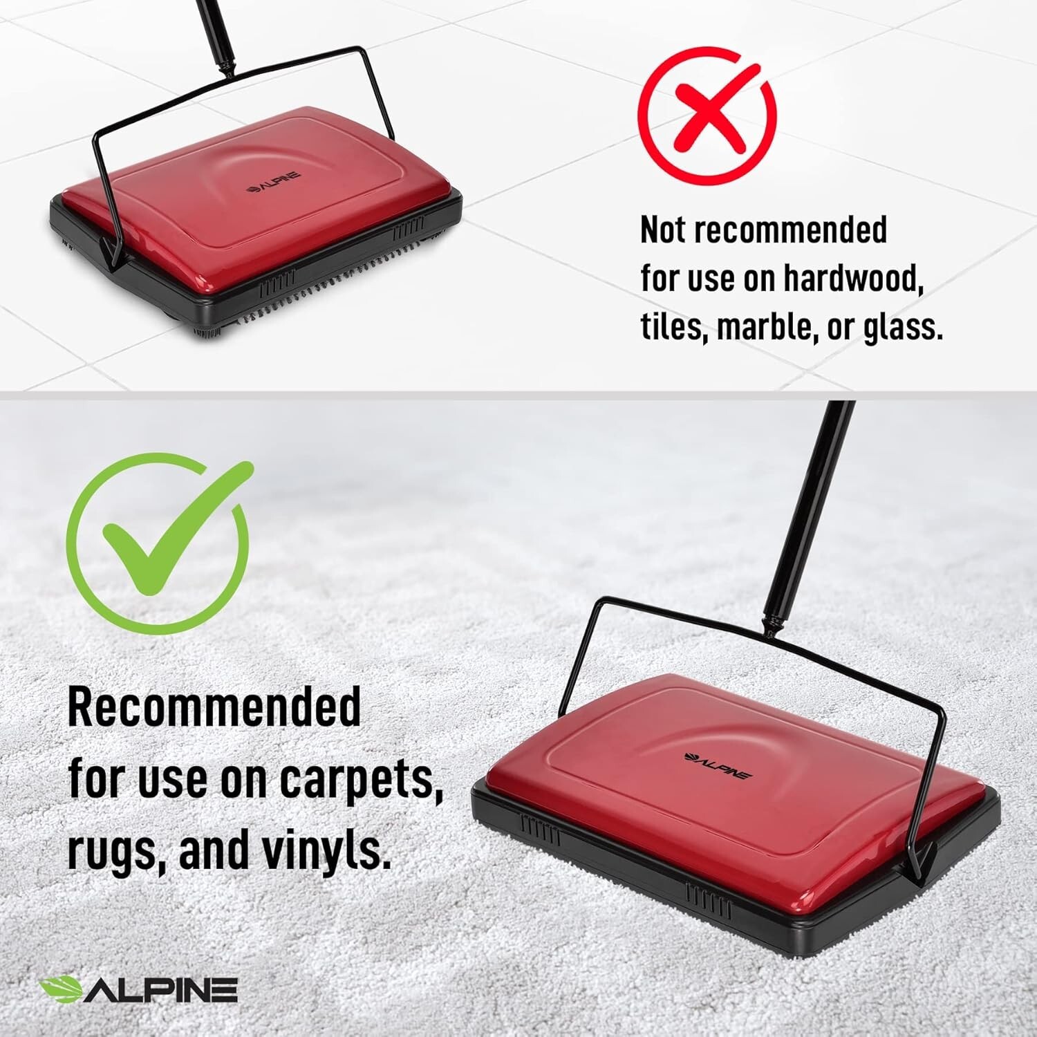 Alpine Industries 11 in. Wide Manual Triple Brush Carpet and Floor Sweeper, Red
