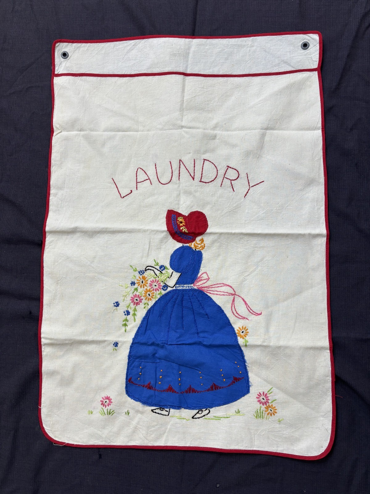Lot 4 Vtg Antique Cotton Laundry Bags Draw String Clothes Sack Hand Embroidery