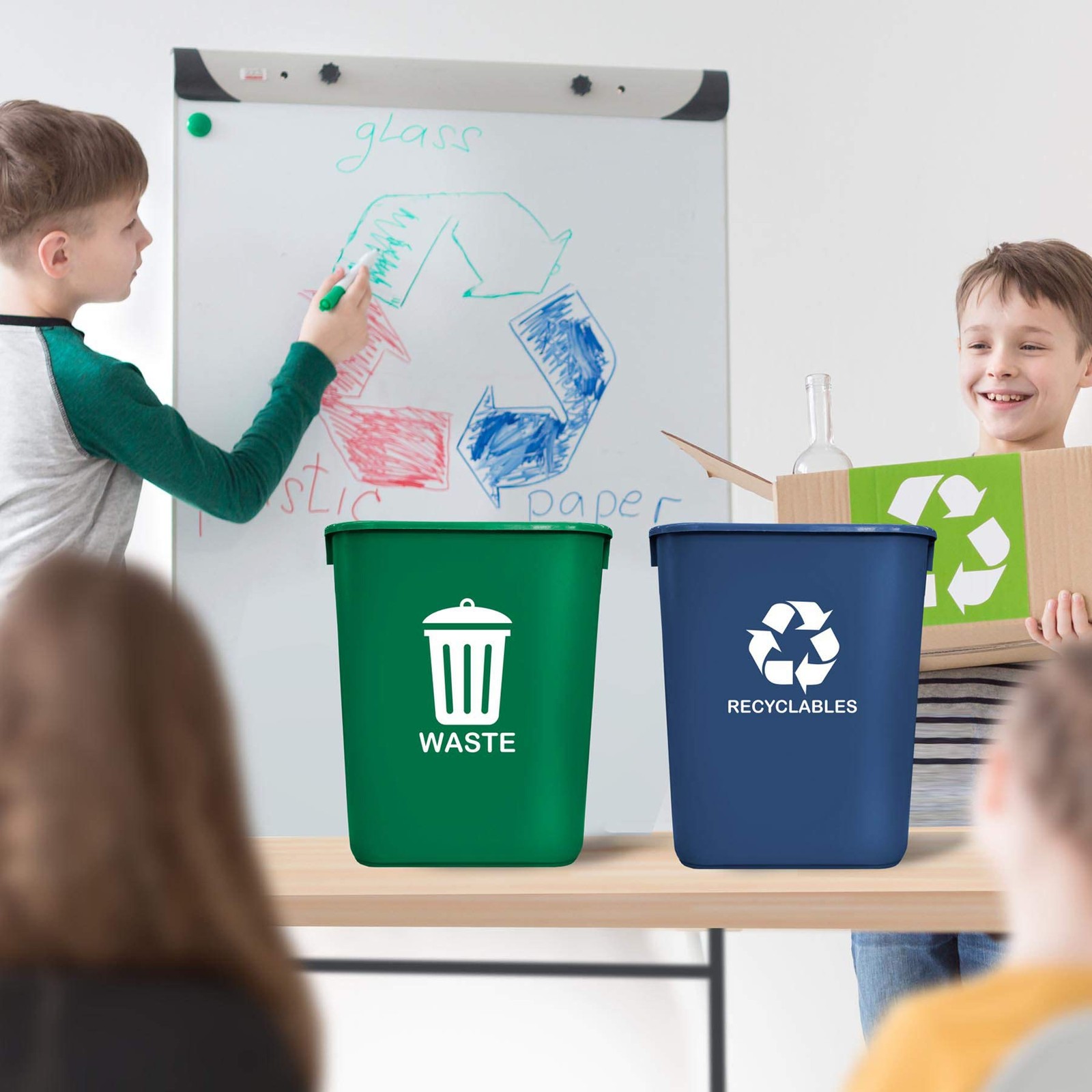 2 PCS 6.75 Gallon Green Blue Plastic Trash Can Wastebasket Recycling Waste Bin