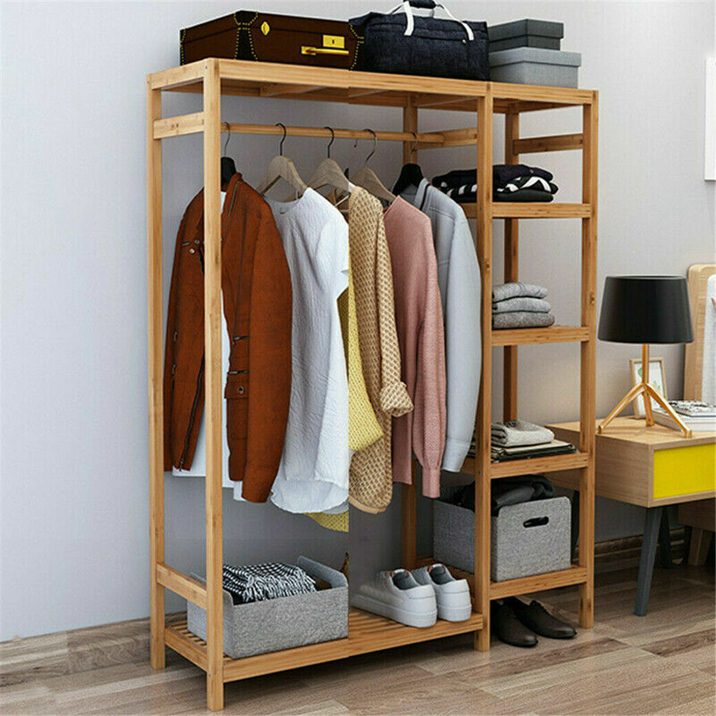 Bamboo Wood Garment Rack Clothes Hanging Stand Shoe Coat Storage Organizer Shelf