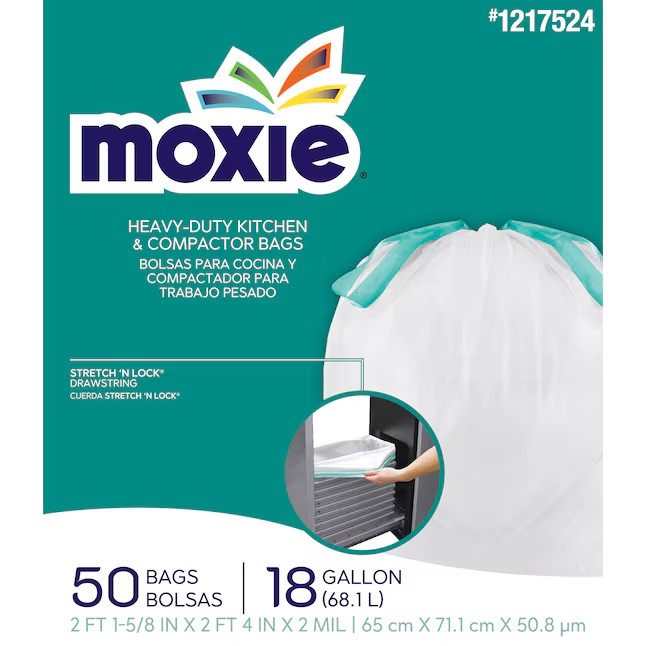 3-Pack MOXIE 18 Gal Plastic Kitchen Drawstring Trash Bags 150 Count Total
