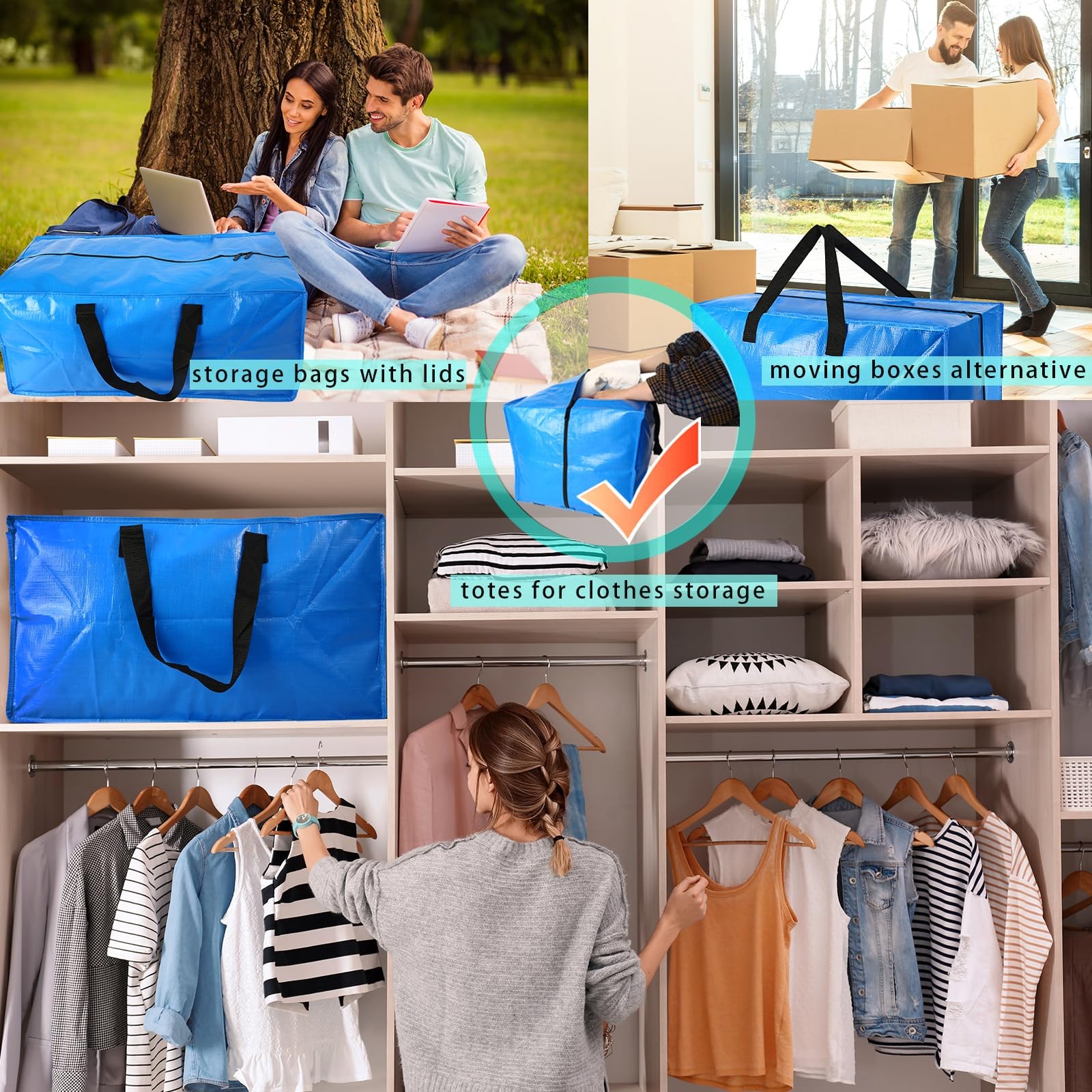 4 Pack Heavy Duty Extra Large Moving Bags Storage Tote Strong Handles& Backpack