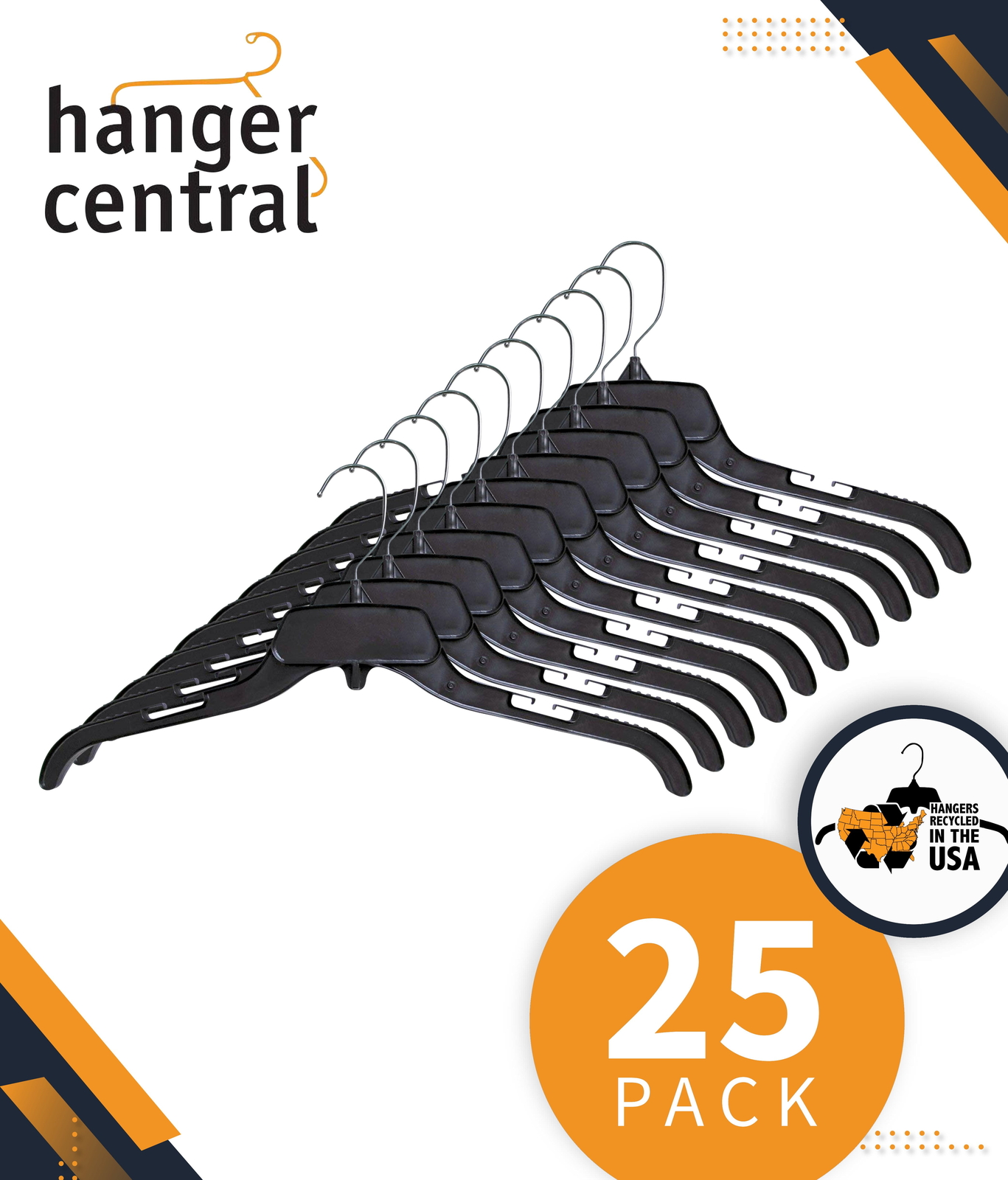 25 Pack Durable Plastic Clothing Hangers with Metal Swivel Hooks, 17 inch,Black