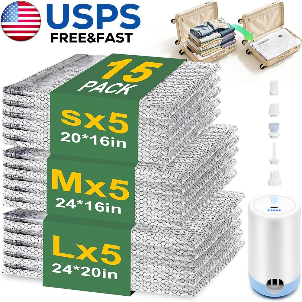 15 Pack Vacuum Seal Bags for Clothing with Wireless Electric Pump Travel & Home