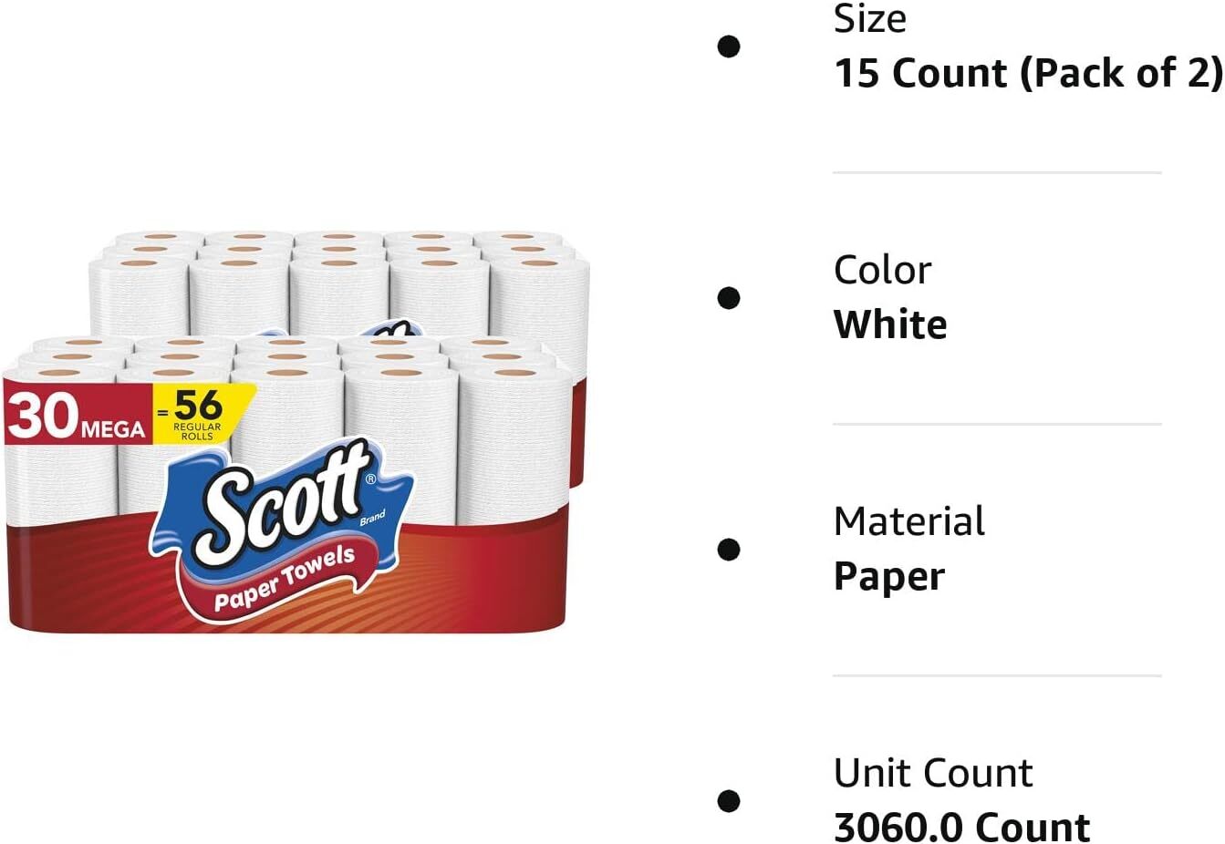 Scott Paper Towels Bulk 56 Regular Rolls 30 Mega Rolls 2 Packs of 15 White