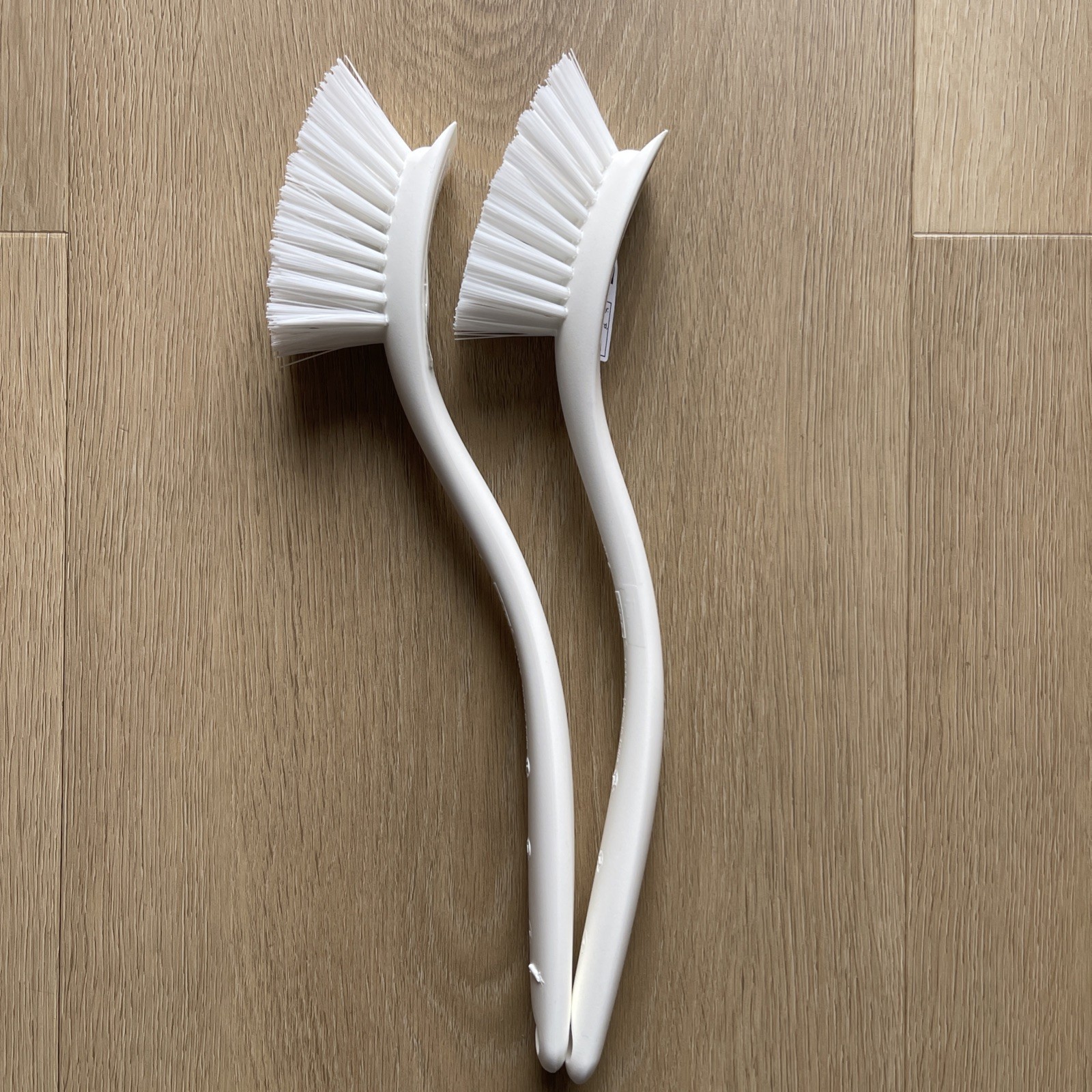 Two white IKEA Hook Cleaning Washing Scrub Brushes-Safe For Nonstick Cookware