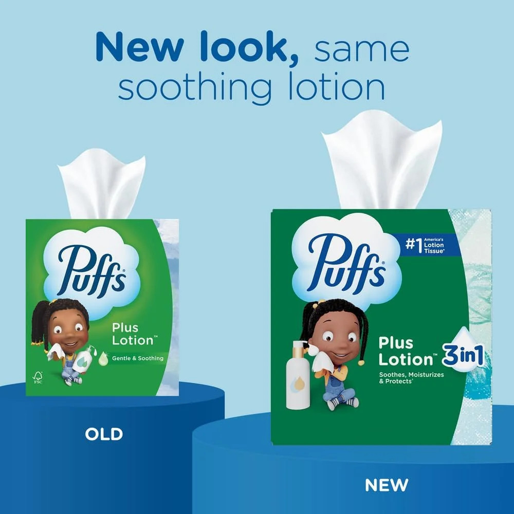 Puffs Facial Tissues Plus Lotion, 8 Family Rectangle Boxes, 124 Facial Tissues