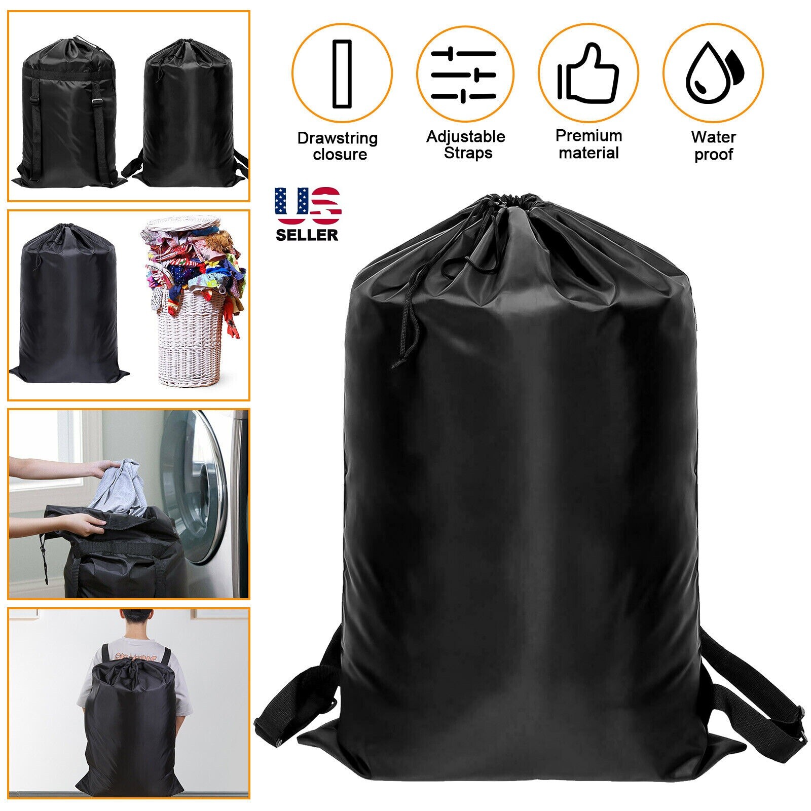 Large Drawstring Black 36*24inch Backpack Heavy Duty Washing Clothes Laundry Bag