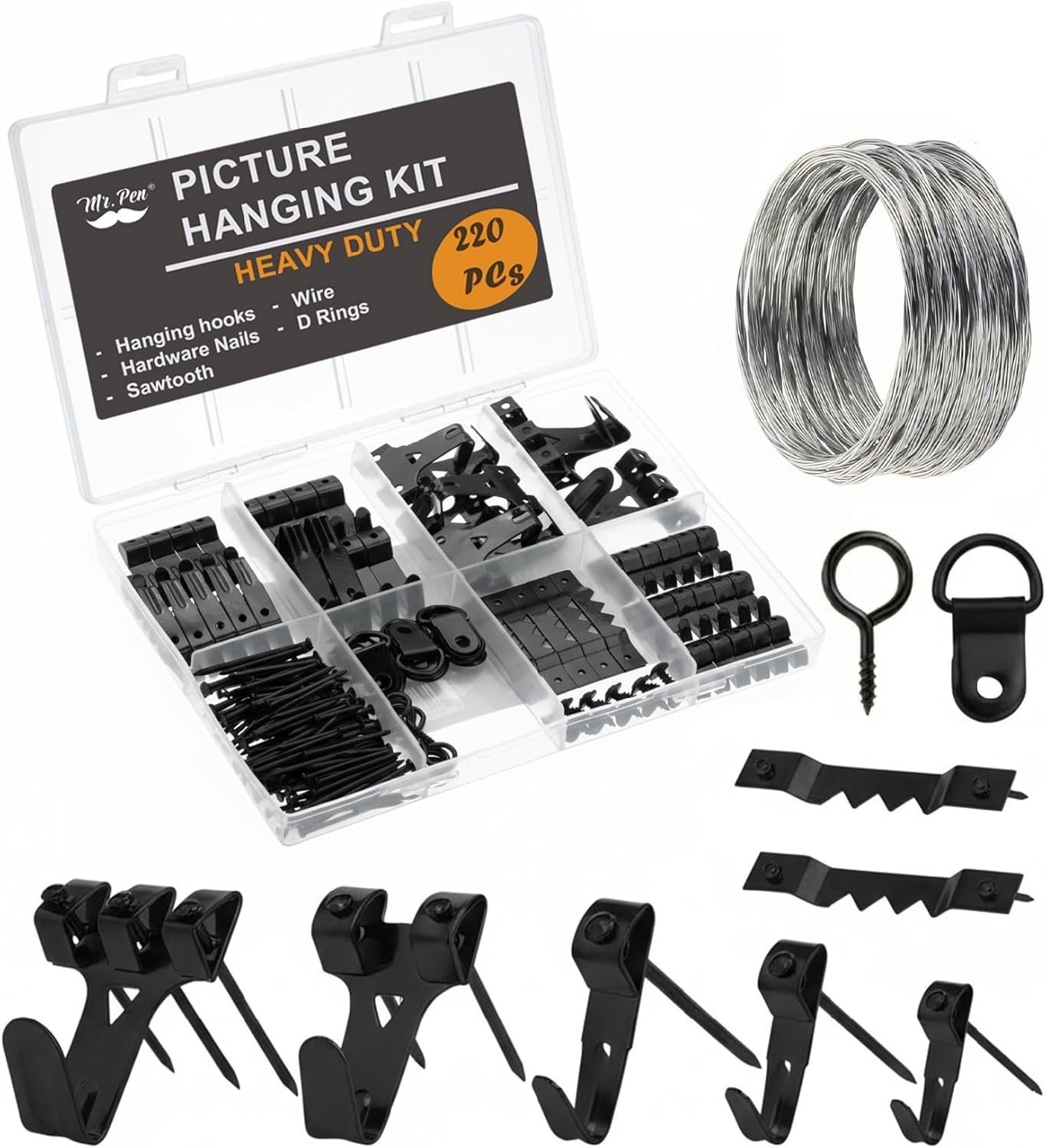 20 Pcs Picture Hanging Kit Heavy Duty Frame Hanger Hooks Nails Gold Black Silver