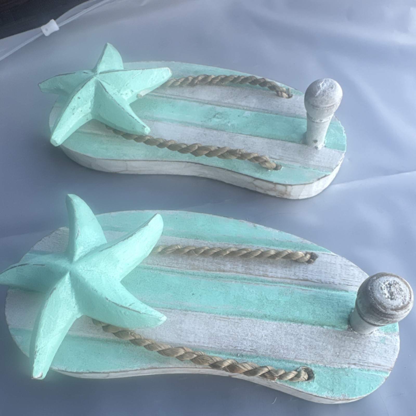 Mint Green White Wood Flip-Flop Starfish Wall Hooks Set of 2 Coastal