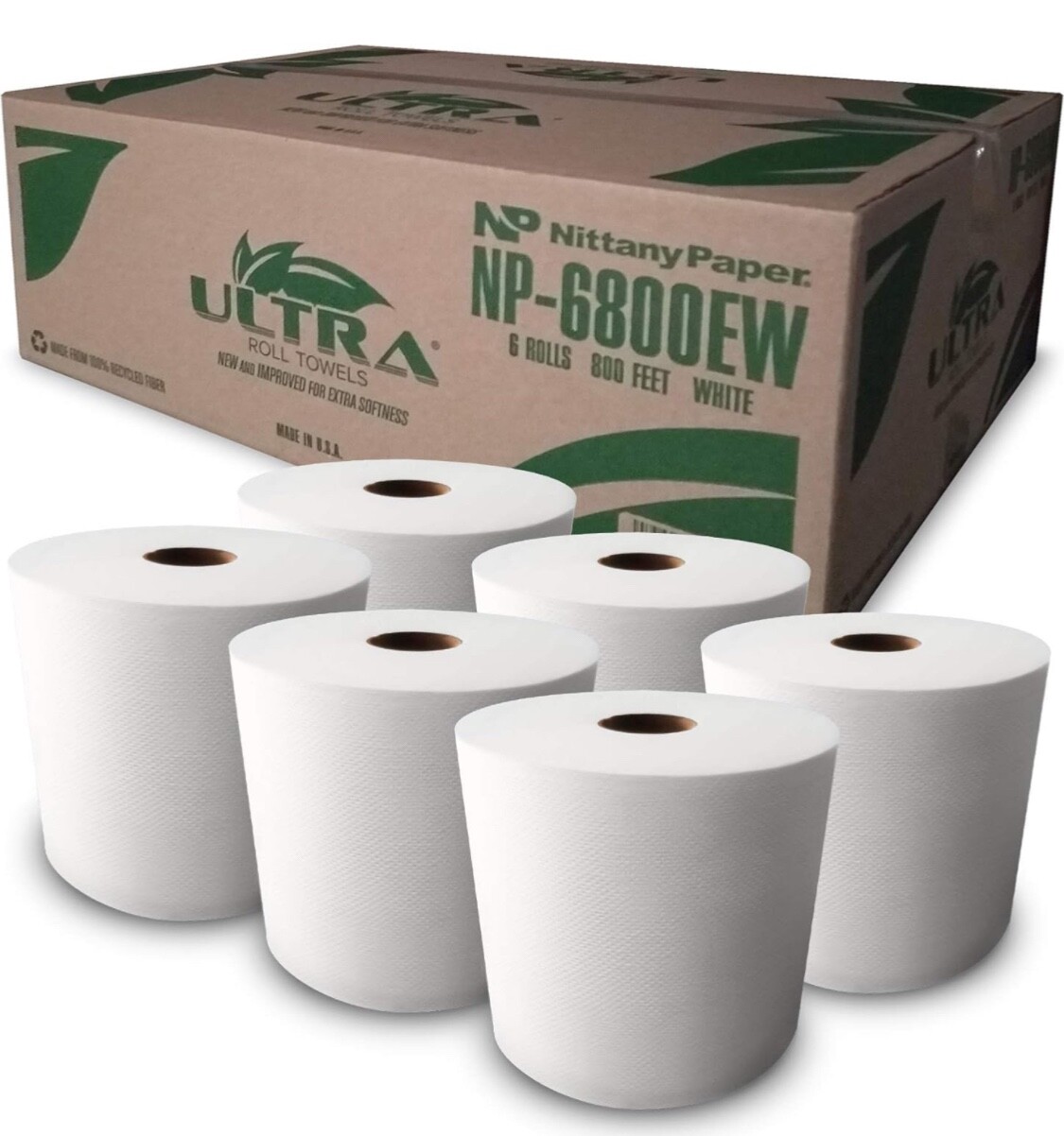 Ultra White Roll Towels – 6 Rolls • 800ft Per Roll • Recycled • Made in USA