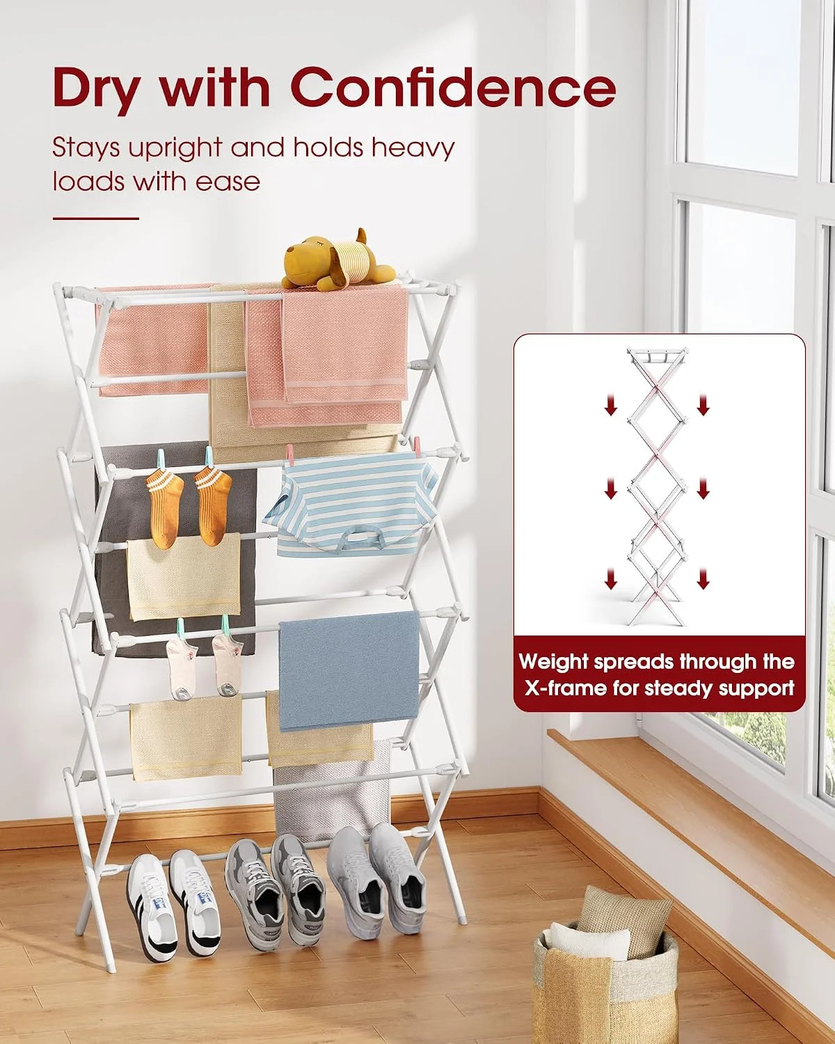 Sakugi Foldable 4-Tier Clothes Drying Rack 50.0″ H with Non-Slip Feet | Indoor &