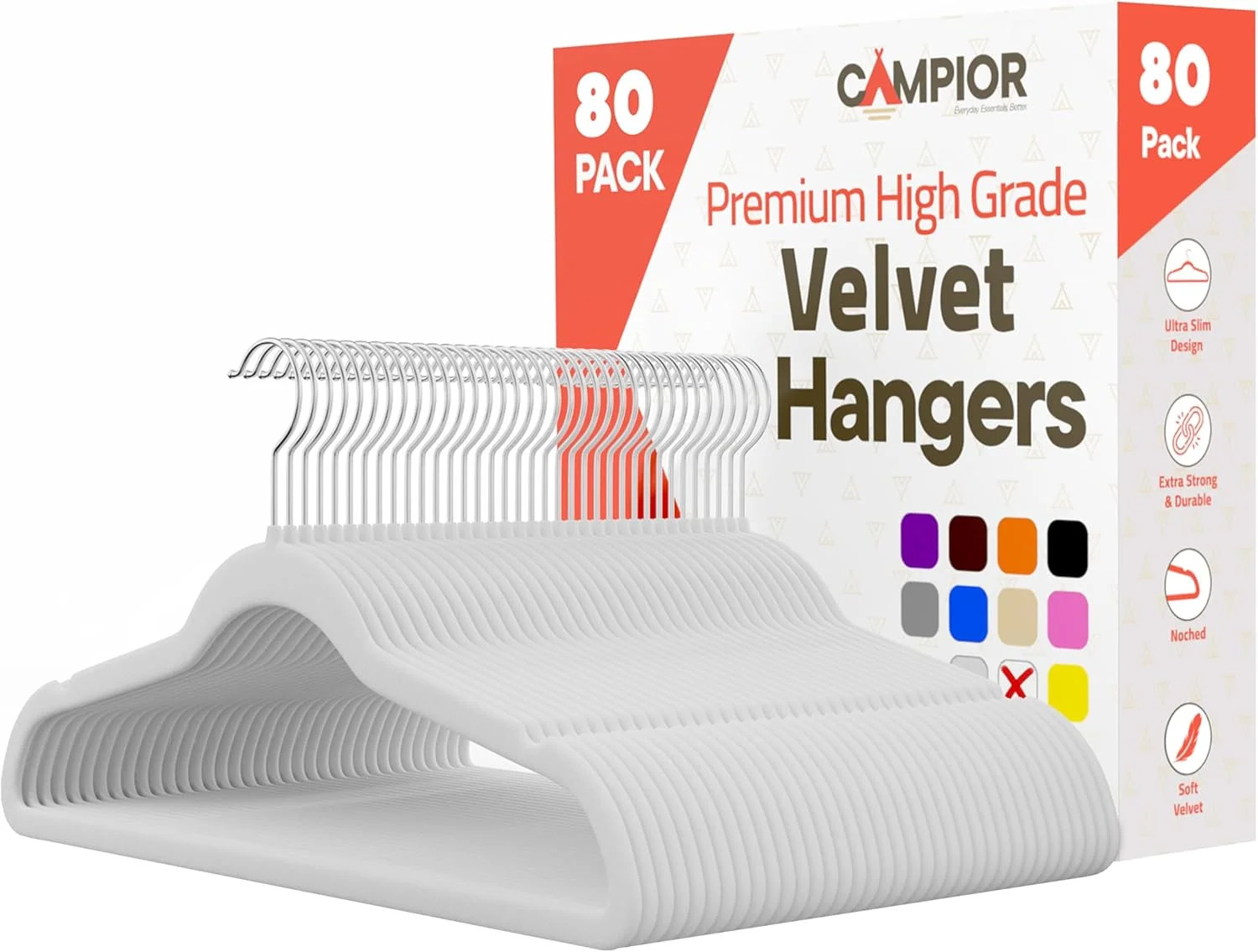 White Velvet Hangers 80 Pack – 360° Swivel Hook, Non-Slip, Space-Saving,
